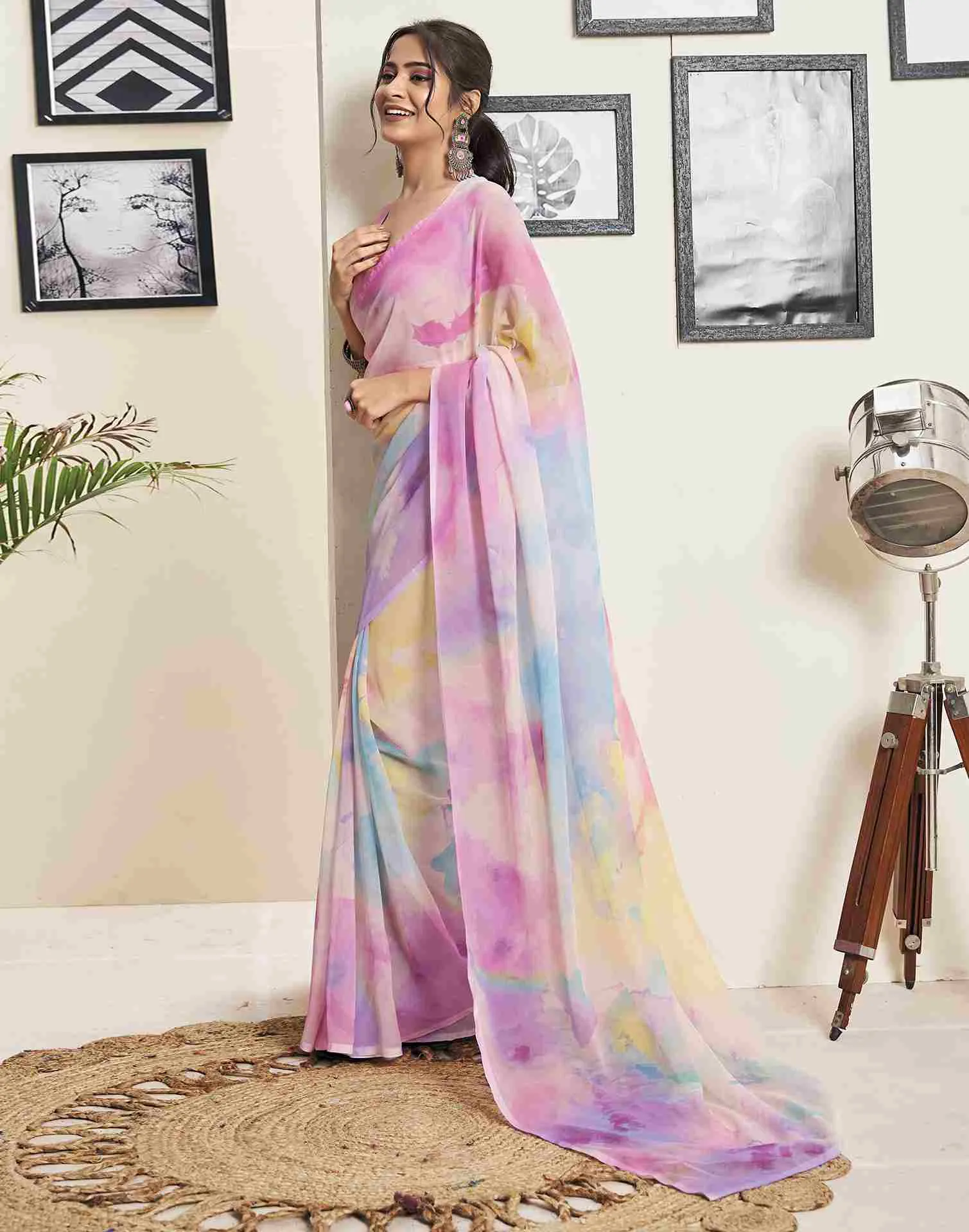 Ready To Wear Pink Georgette Printed Saree