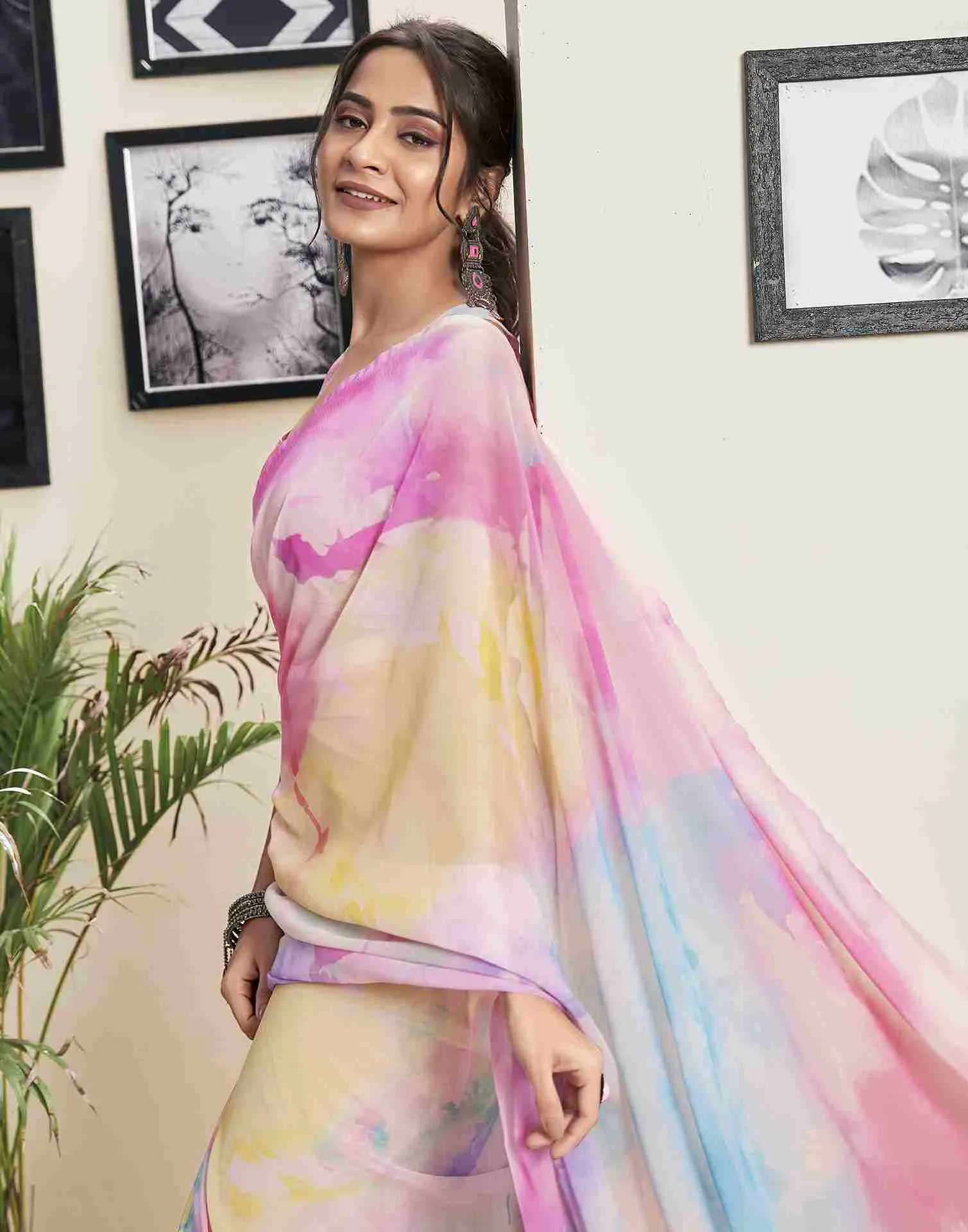 Ready To Wear Pink Georgette Printed Saree