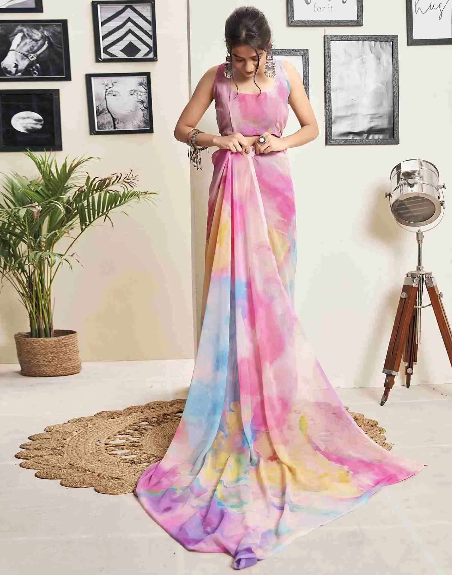 Ready To Wear Pink Georgette Printed Saree