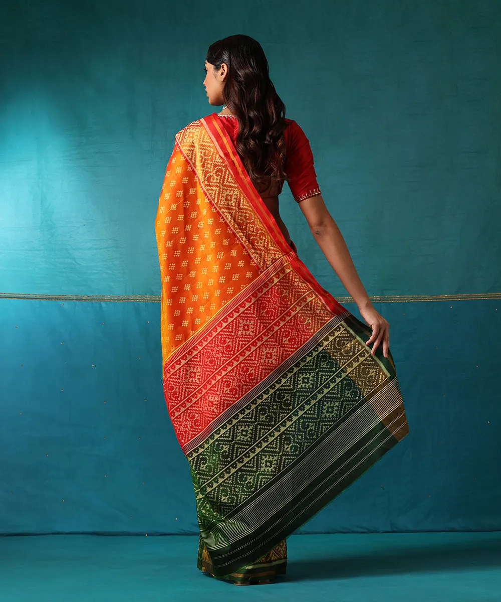 Red And Orange Handloom Pure Mulberry Silk Ikat Patola Saree With Green Geometrical Border