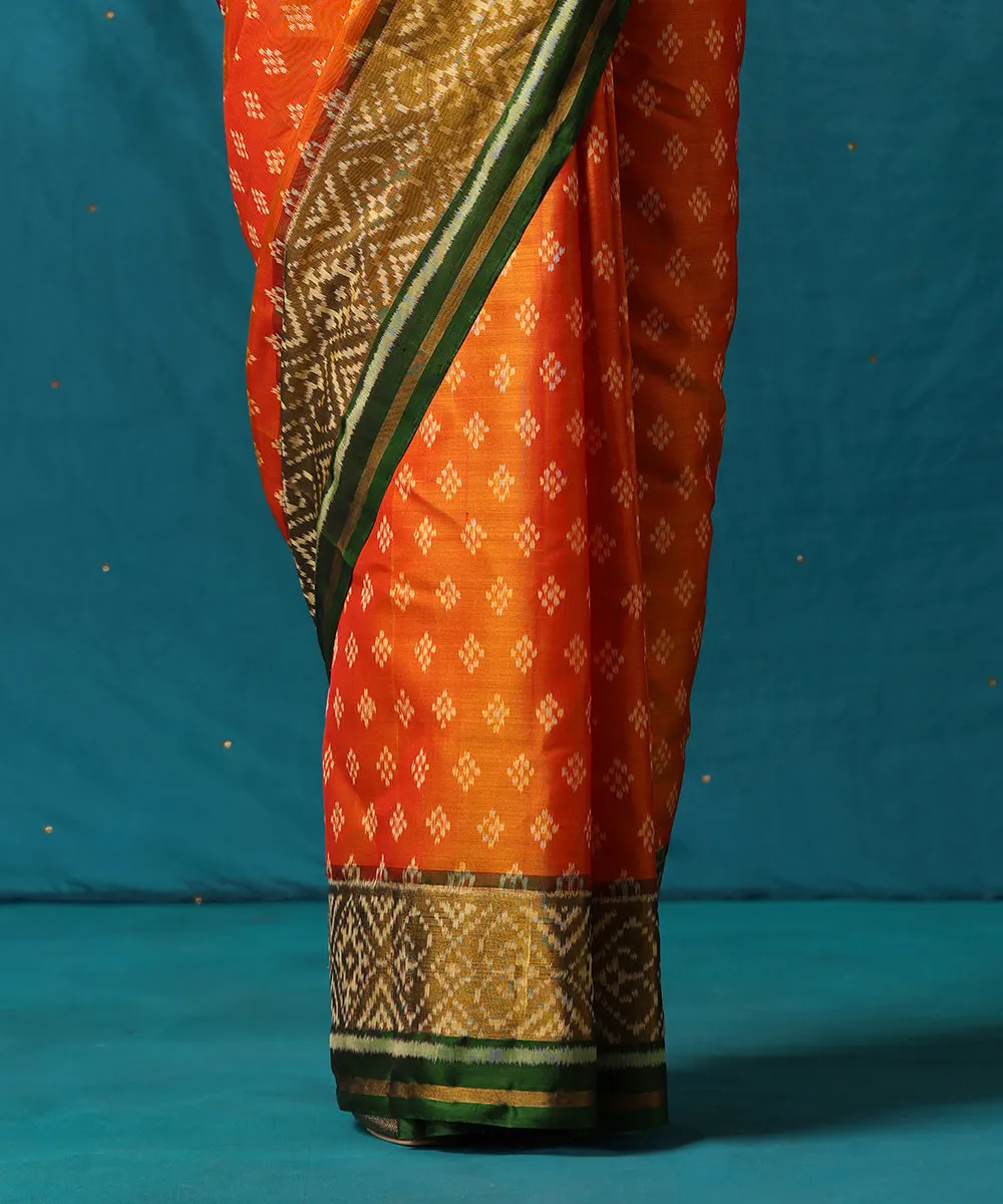 Red And Orange Handloom Pure Mulberry Silk Ikat Patola Saree With Green Geometrical Border