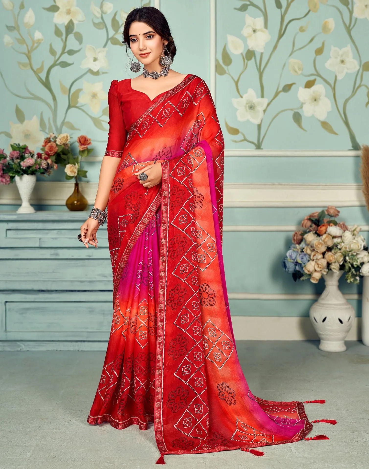 Red Bandhani Saree