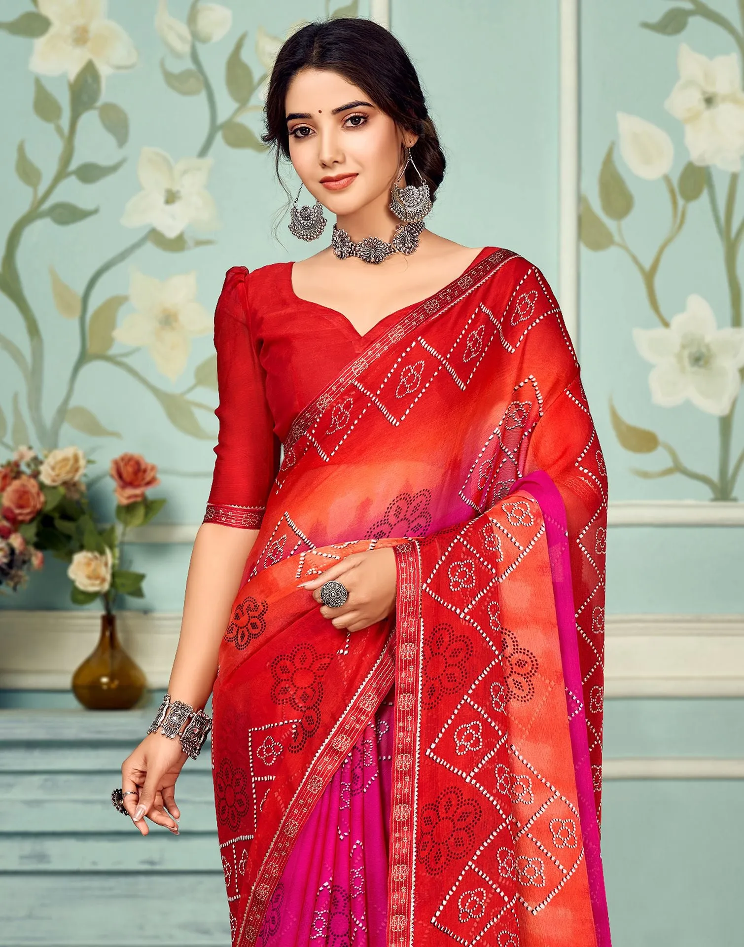 Red Bandhani Saree