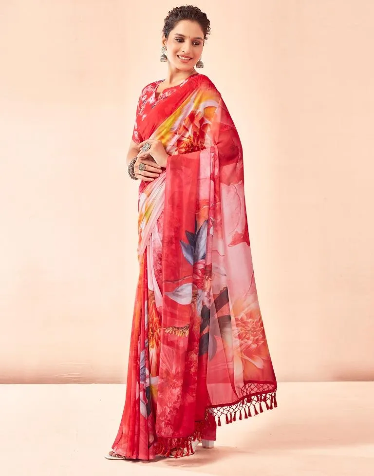 Red Georgette Printed Sarees