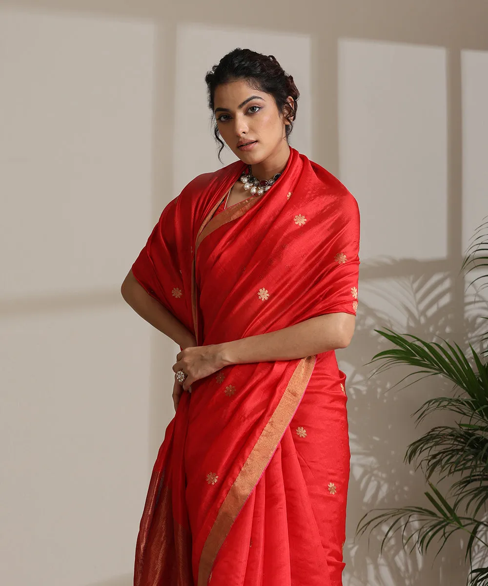 Red Handloom Pure Chanderi Silk Saree With Pure Silk Finishing