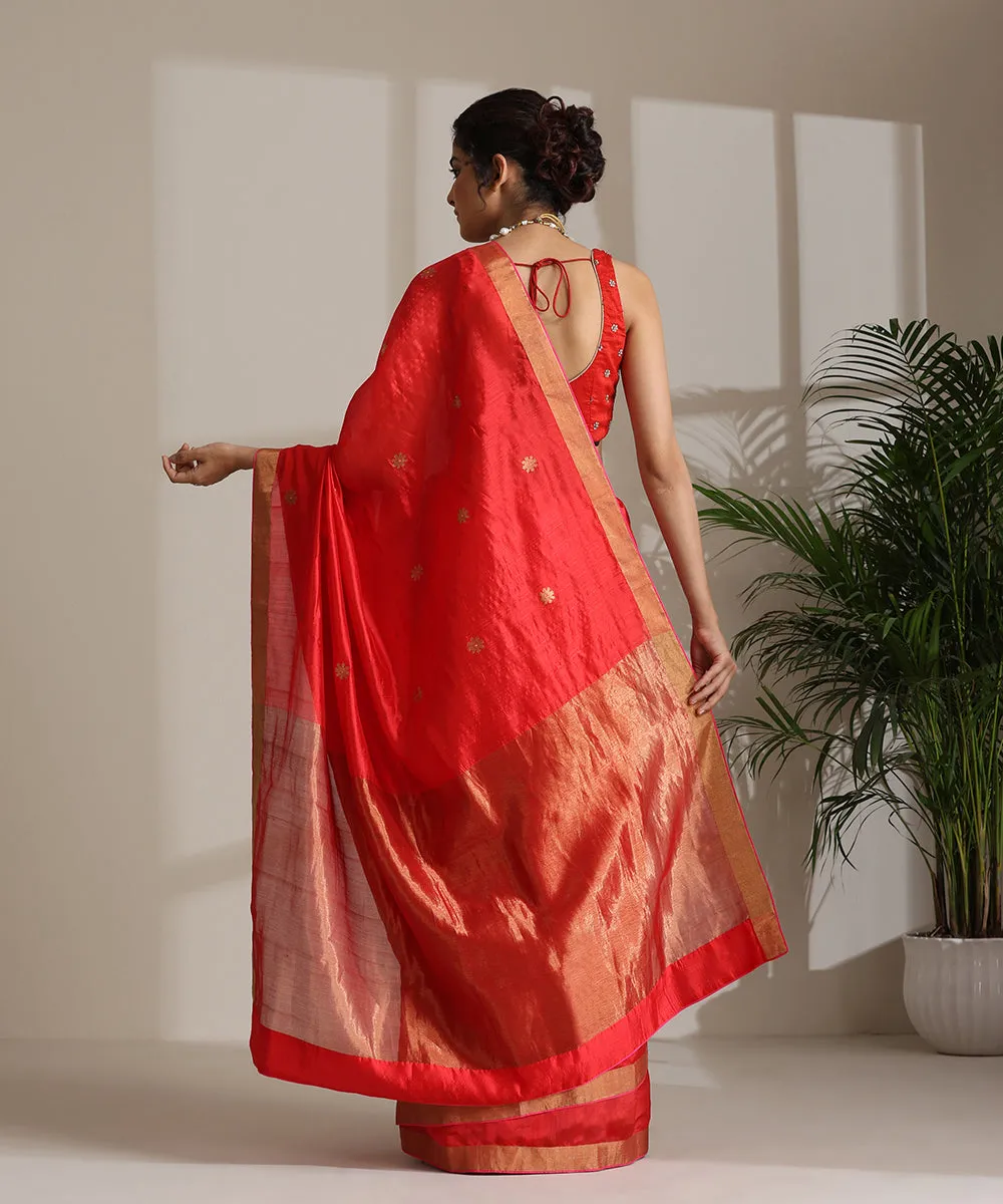 Red Handloom Pure Chanderi Silk Saree With Pure Silk Finishing