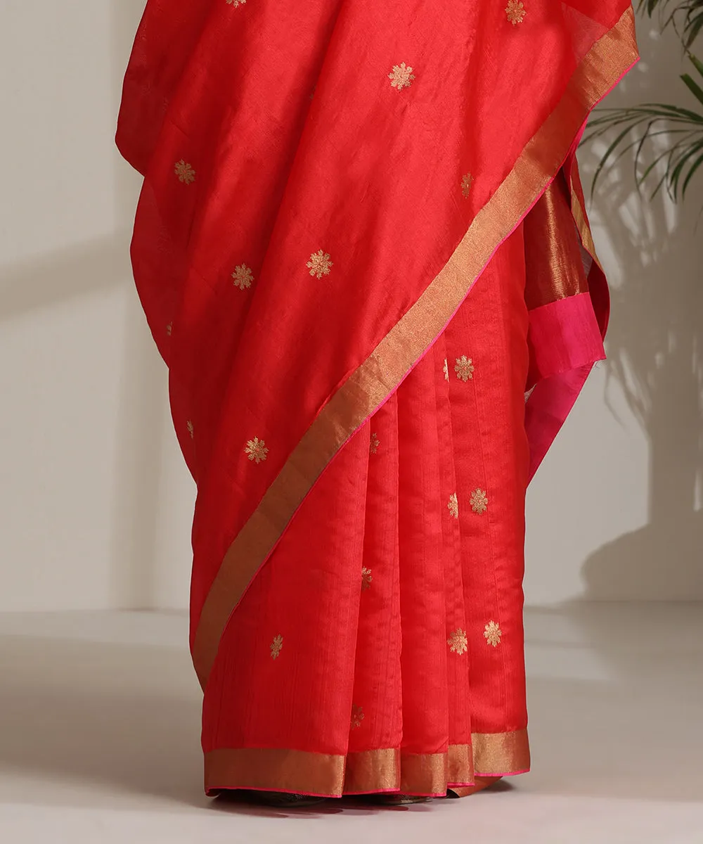 Red Handloom Pure Chanderi Silk Saree With Pure Silk Finishing