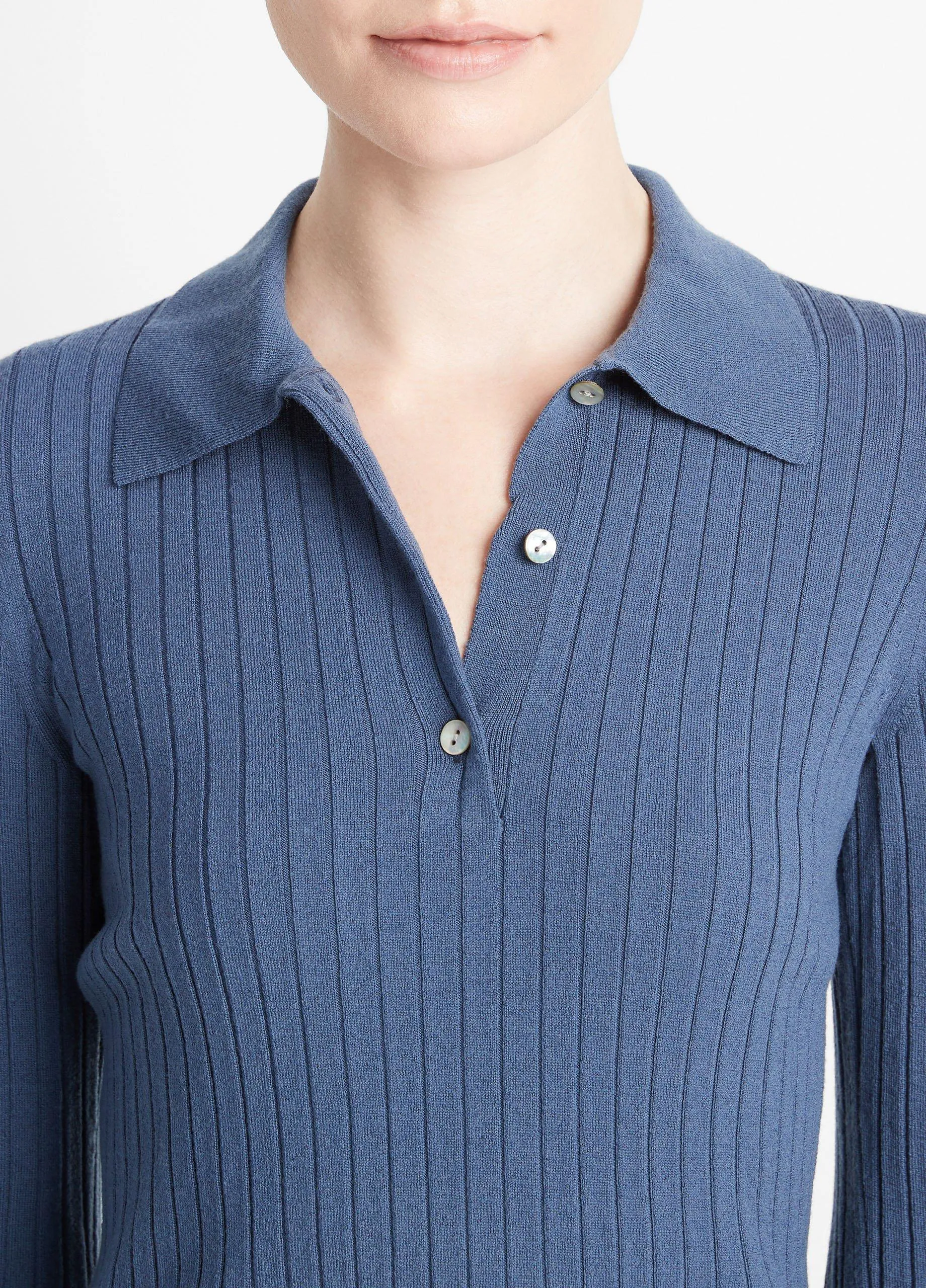 Ribbed Wool Three-Quarter-Sleeve Polo Sweater