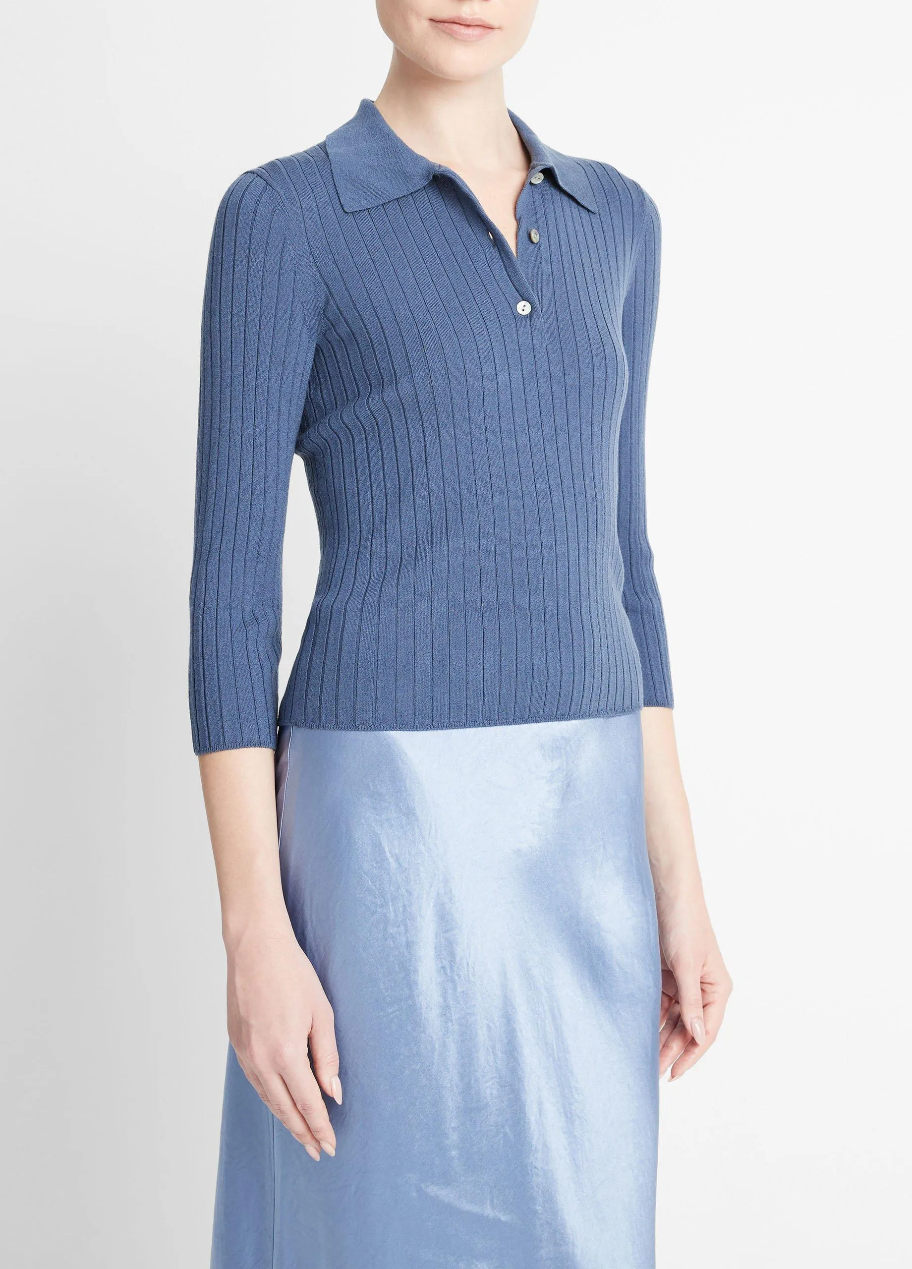 Ribbed Wool Three-Quarter-Sleeve Polo Sweater