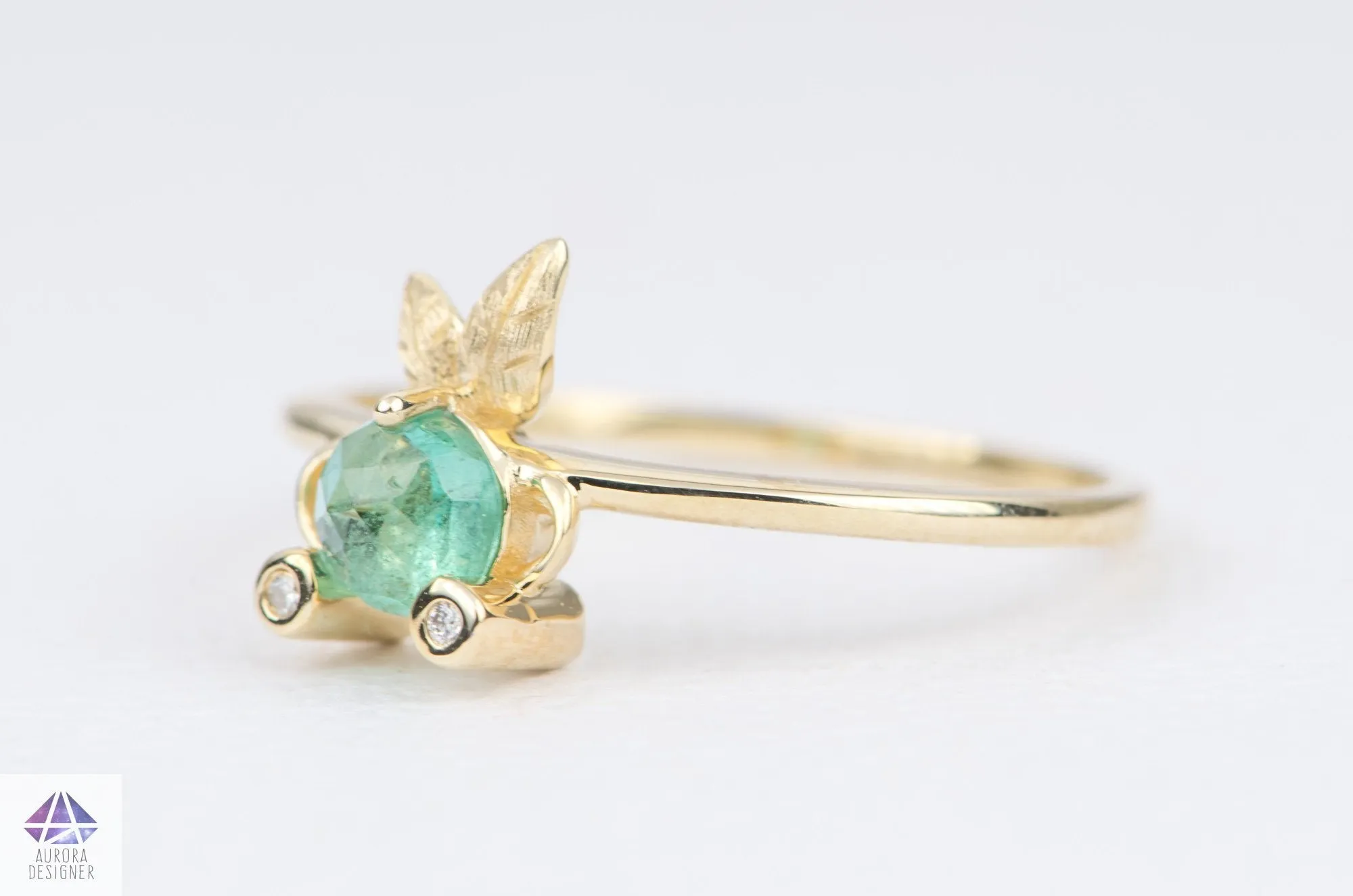 Rose Cut Emerald and Diamond 14K Gold Fish Ring Gift For Her Anniversary Gift May AD2193