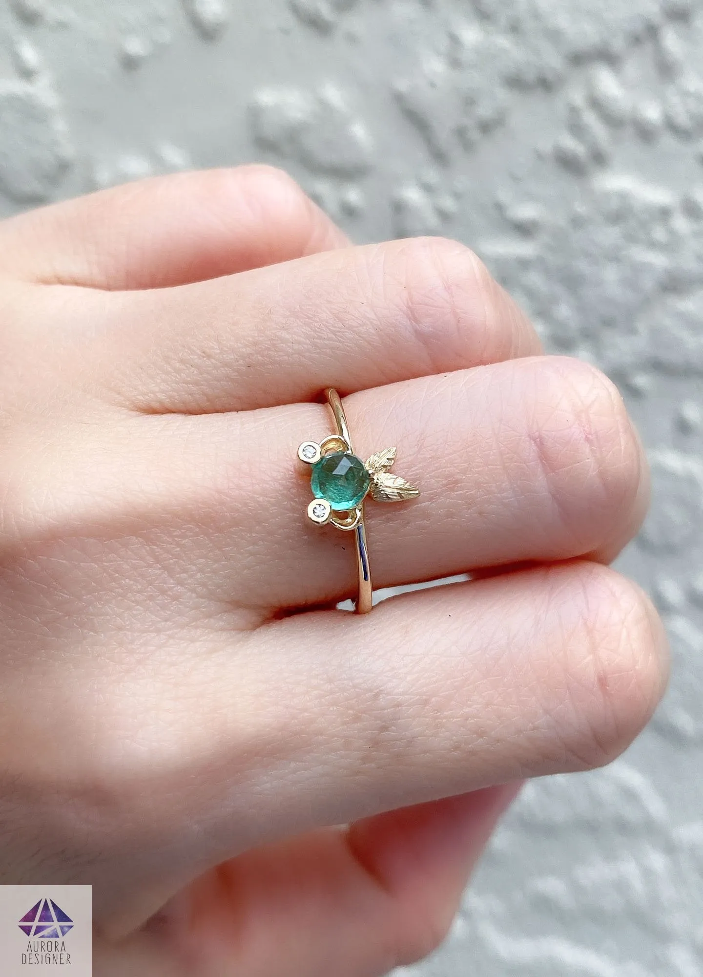 Rose Cut Emerald and Diamond 14K Gold Fish Ring Gift For Her Anniversary Gift May AD2193