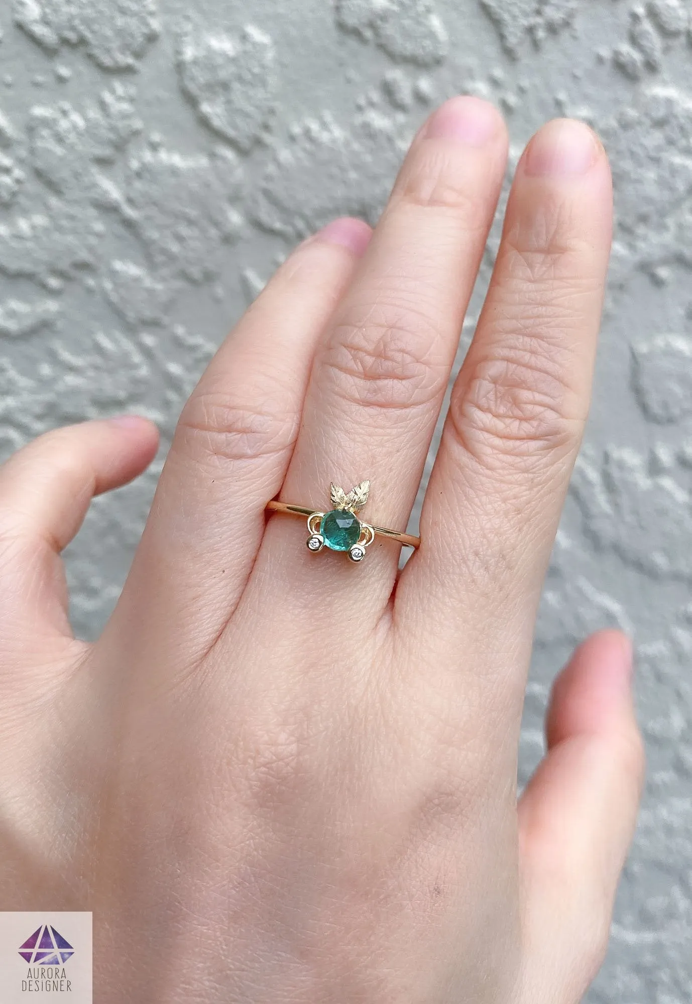 Rose Cut Emerald and Diamond 14K Gold Fish Ring Gift For Her Anniversary Gift May AD2193