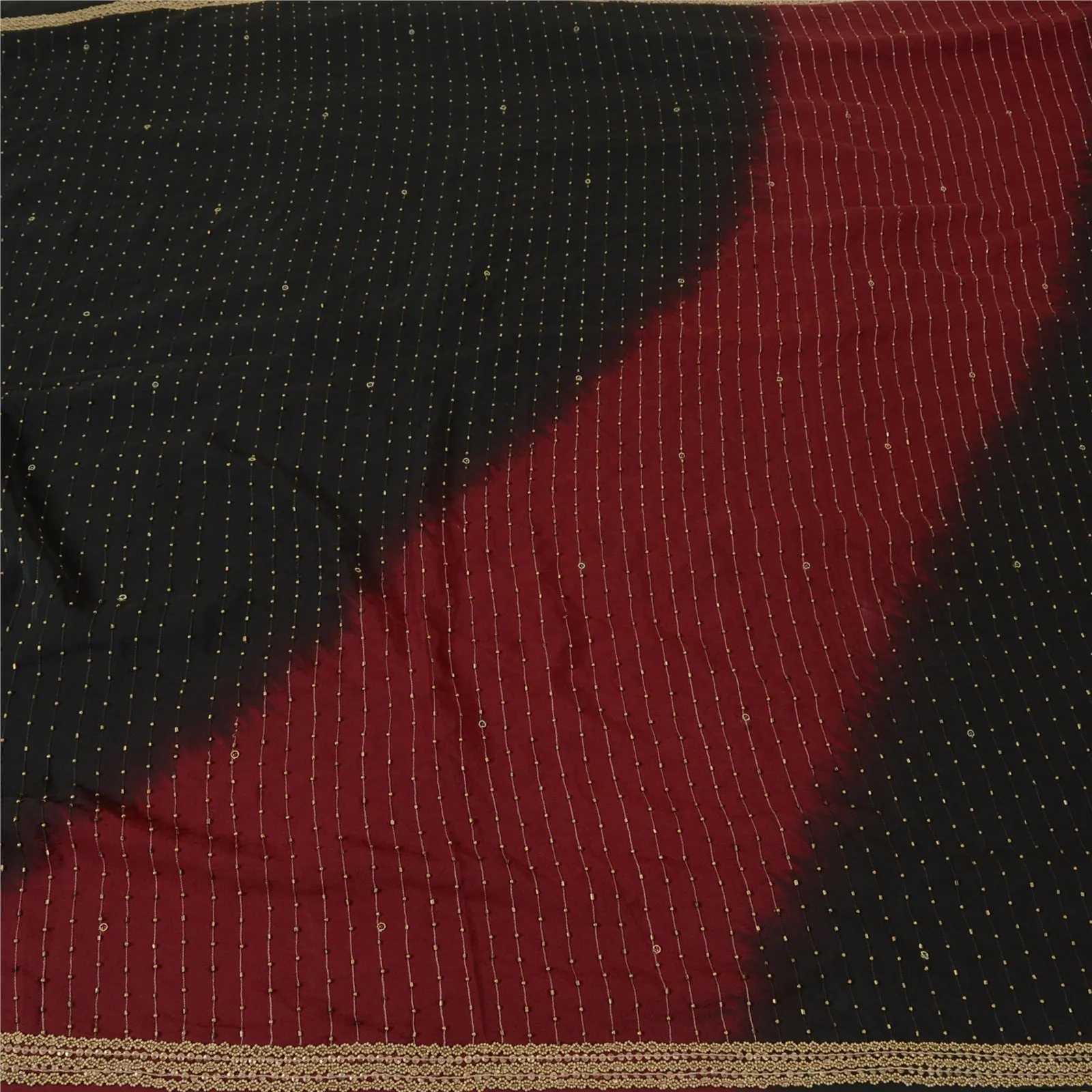 Sanskriti Vintage Black/Dark Red Sarees Pure Crepe Silk Hand Beaded Sari Fabric