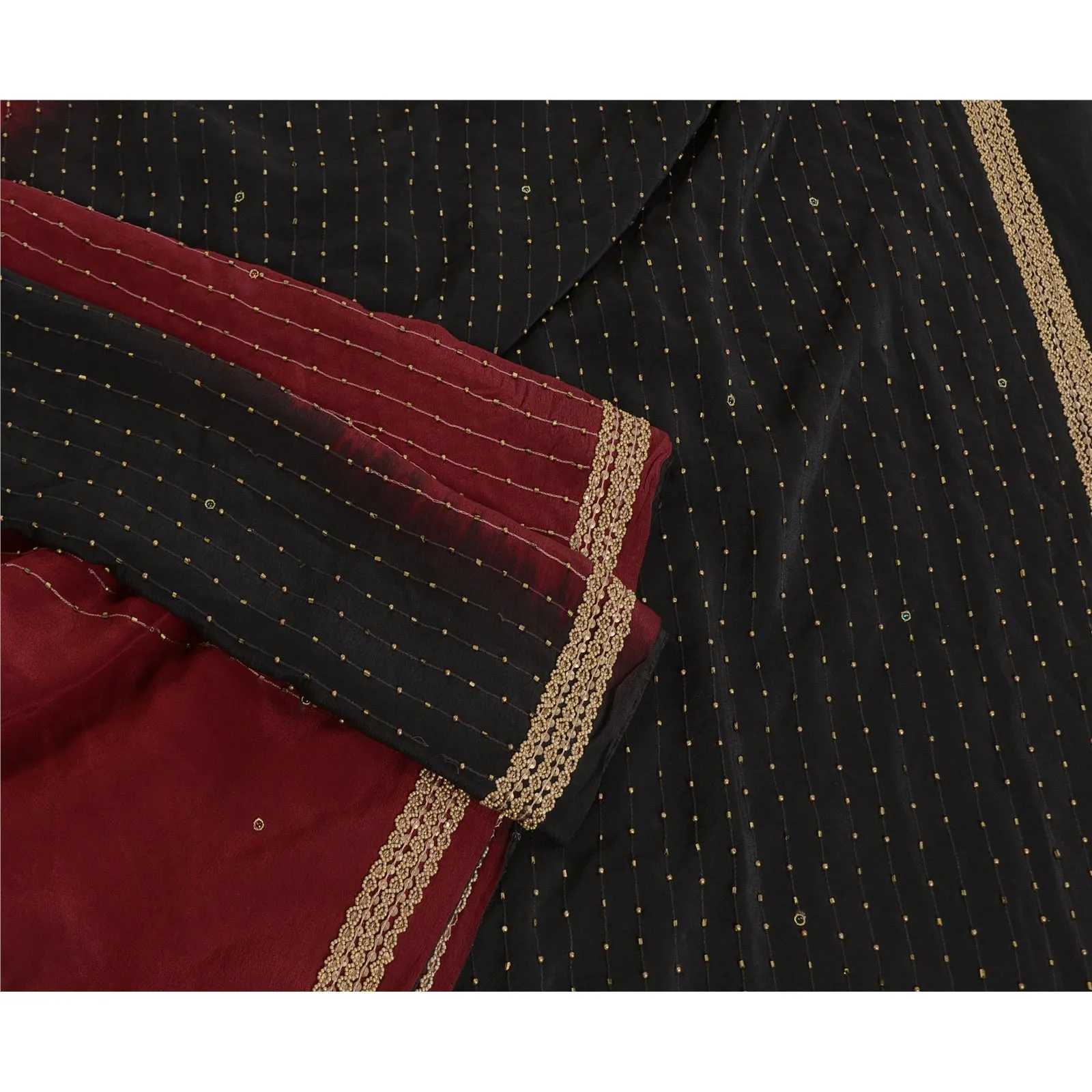 Sanskriti Vintage Black/Dark Red Sarees Pure Crepe Silk Hand Beaded Sari Fabric