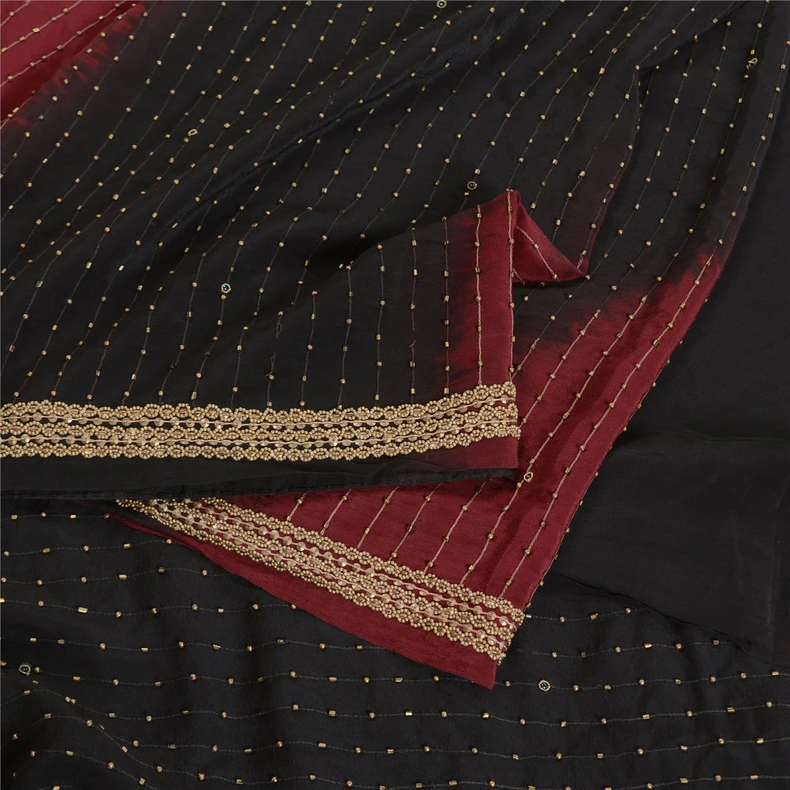 Sanskriti Vintage Black/Dark Red Sarees Pure Crepe Silk Hand Beaded Sari Fabric