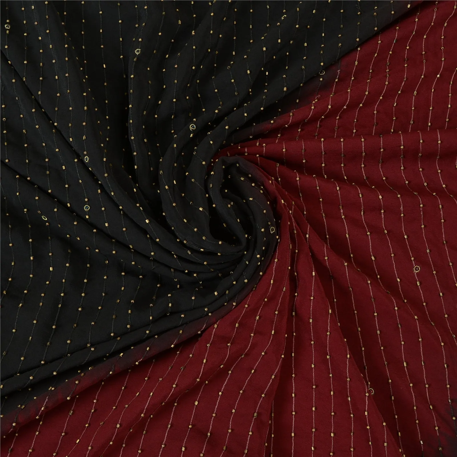 Sanskriti Vintage Black/Dark Red Sarees Pure Crepe Silk Hand Beaded Sari Fabric