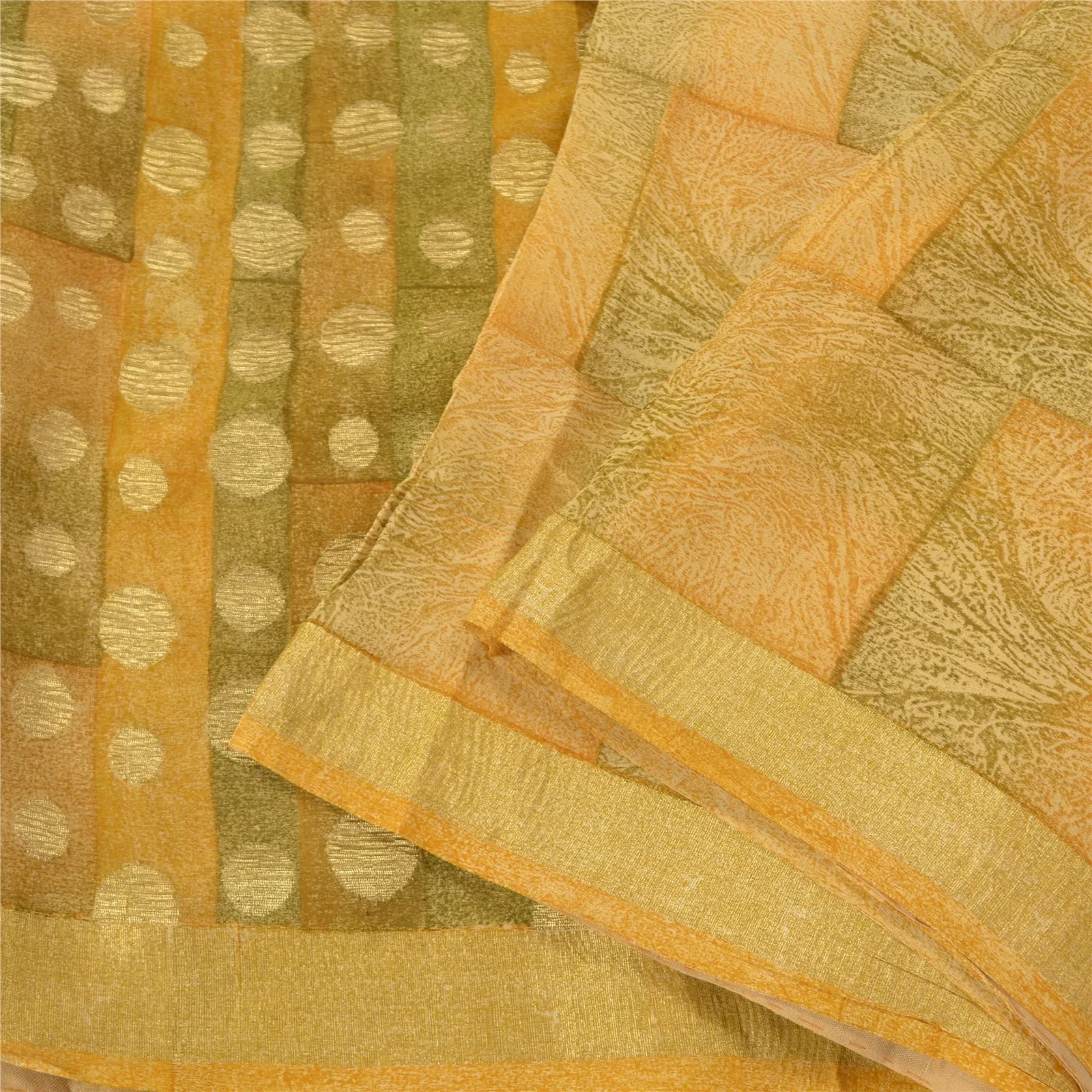 Sanskriti Vintage Bollywood Sarees Pure Georgette Cream/Green Woven Sari Fabric