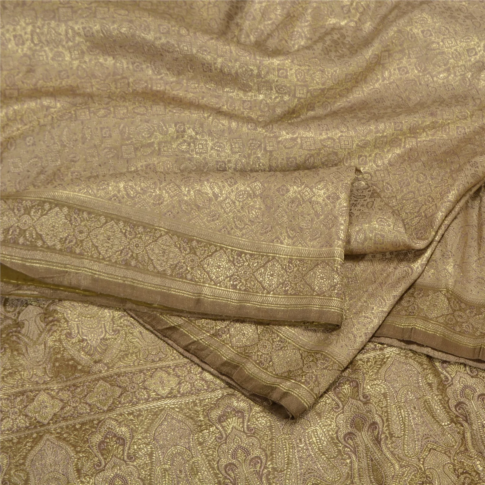 Sanskriti Vintage Brown Sarees Pure Satin Woven Brocade/Banarasi Sari Fabric