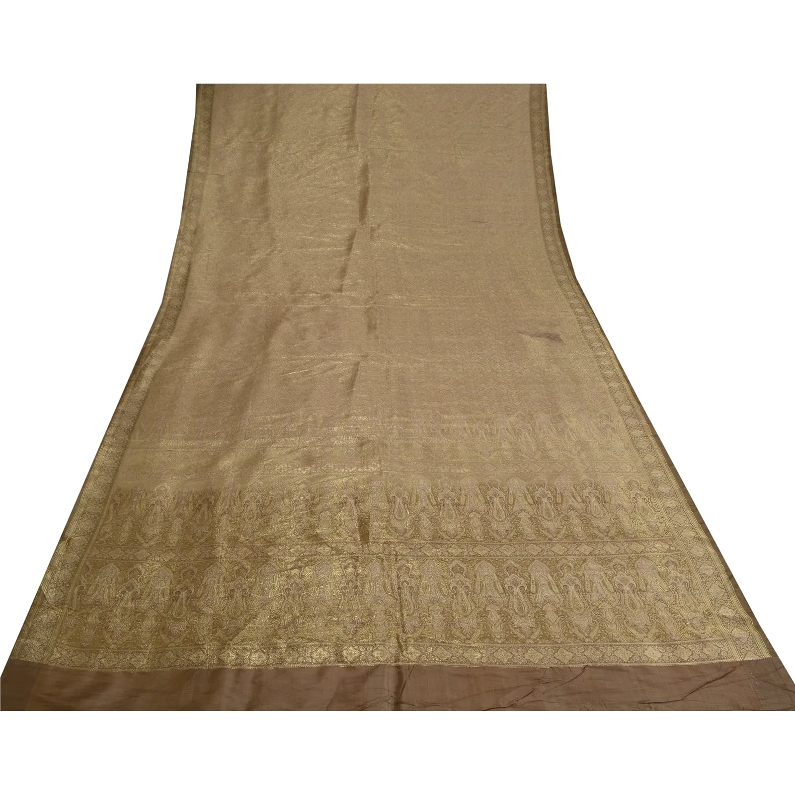 Sanskriti Vintage Brown Sarees Pure Satin Woven Brocade/Banarasi Sari Fabric