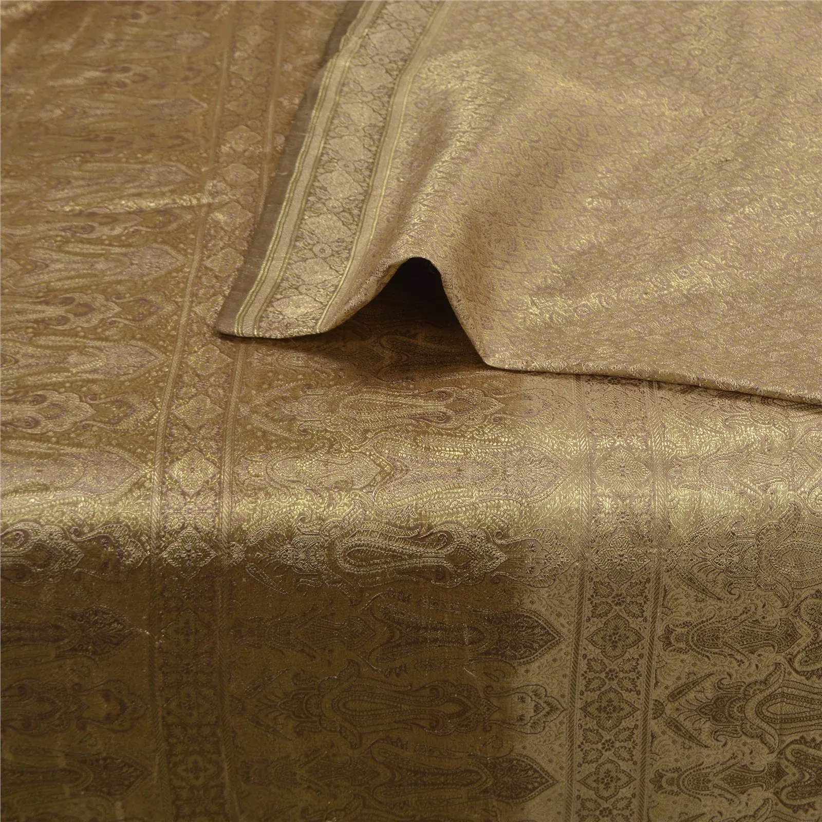 Sanskriti Vintage Brown Sarees Pure Satin Woven Brocade/Banarasi Sari Fabric