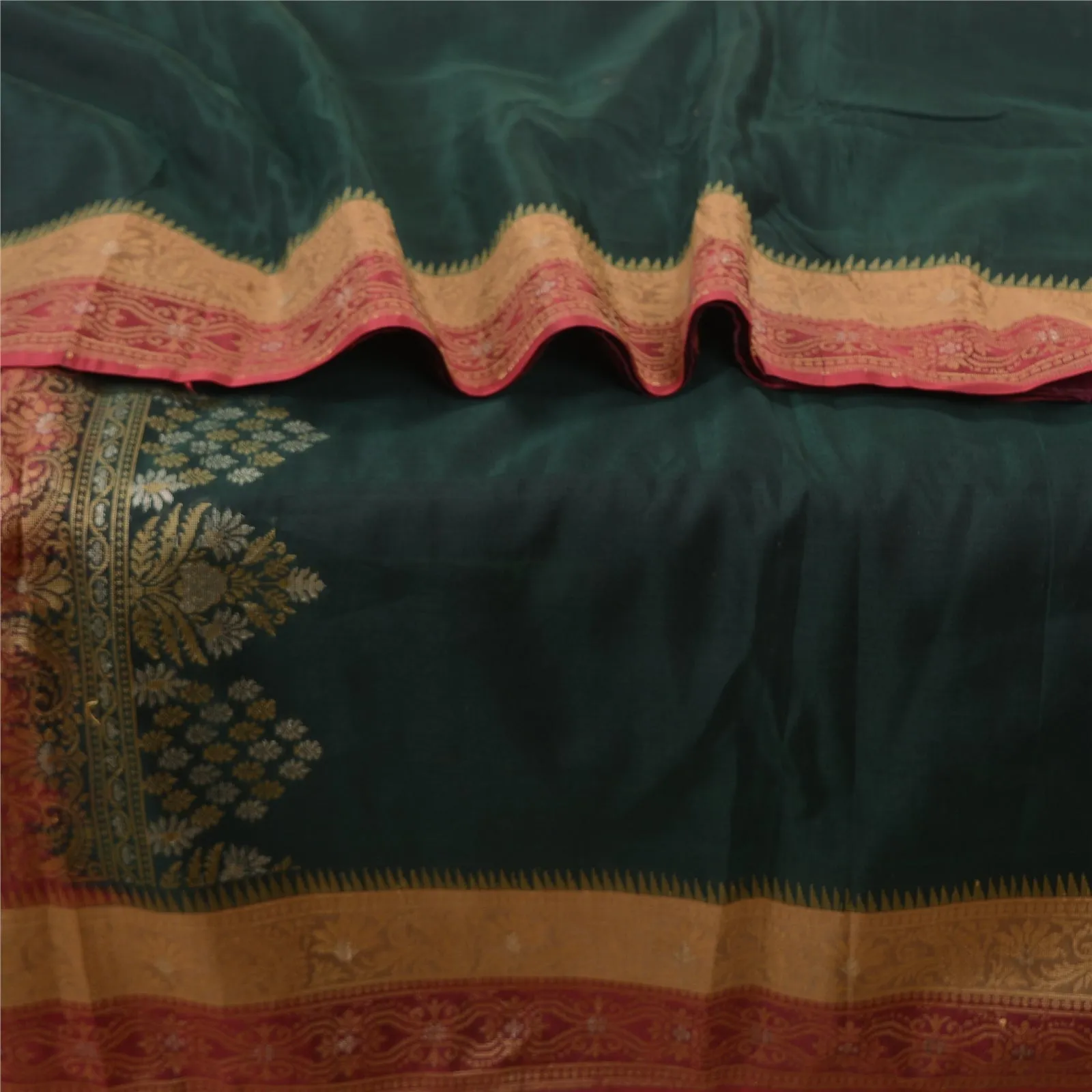 Sanskriti Vintage Deep Green Sarees Pure Silk Woven Premium Sari Craft Fabric