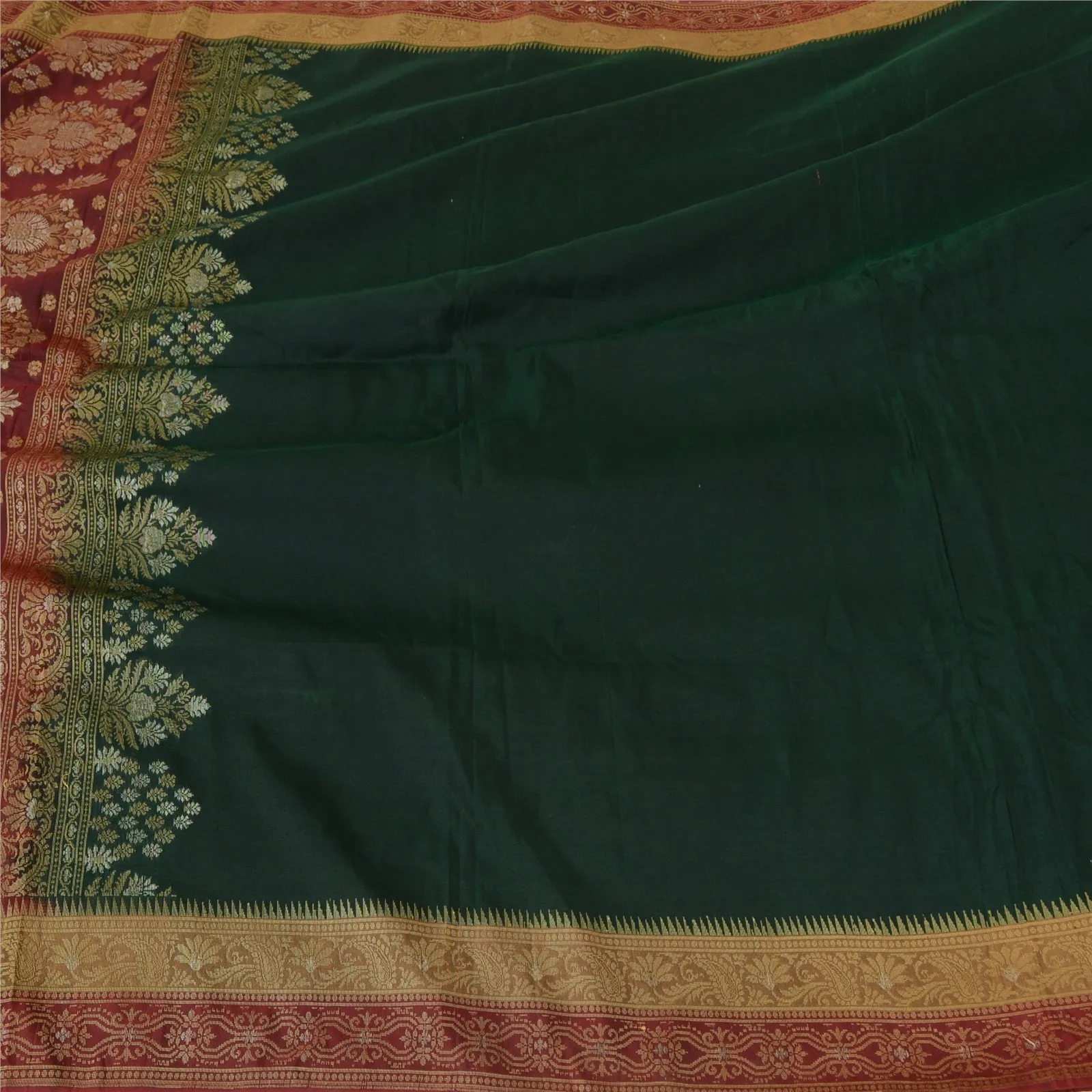 Sanskriti Vintage Deep Green Sarees Pure Silk Woven Premium Sari Craft Fabric