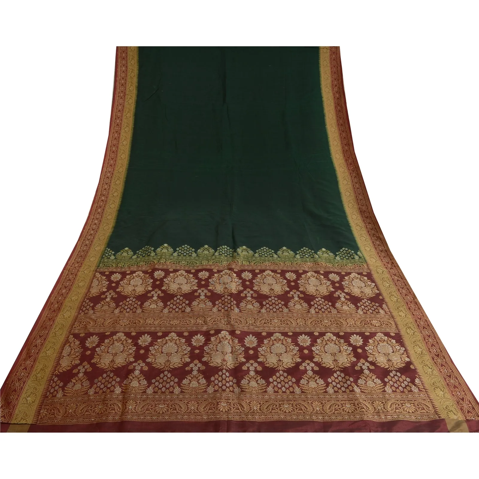 Sanskriti Vintage Deep Green Sarees Pure Silk Woven Premium Sari Craft Fabric