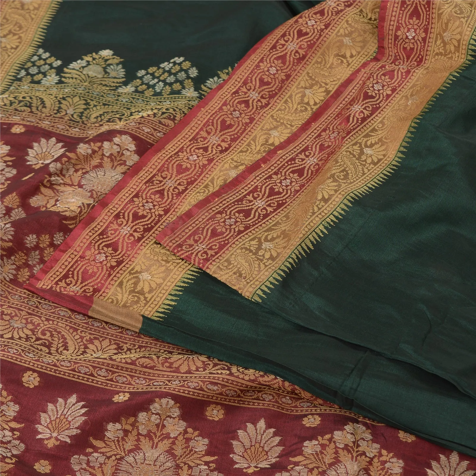 Sanskriti Vintage Deep Green Sarees Pure Silk Woven Premium Sari Craft Fabric