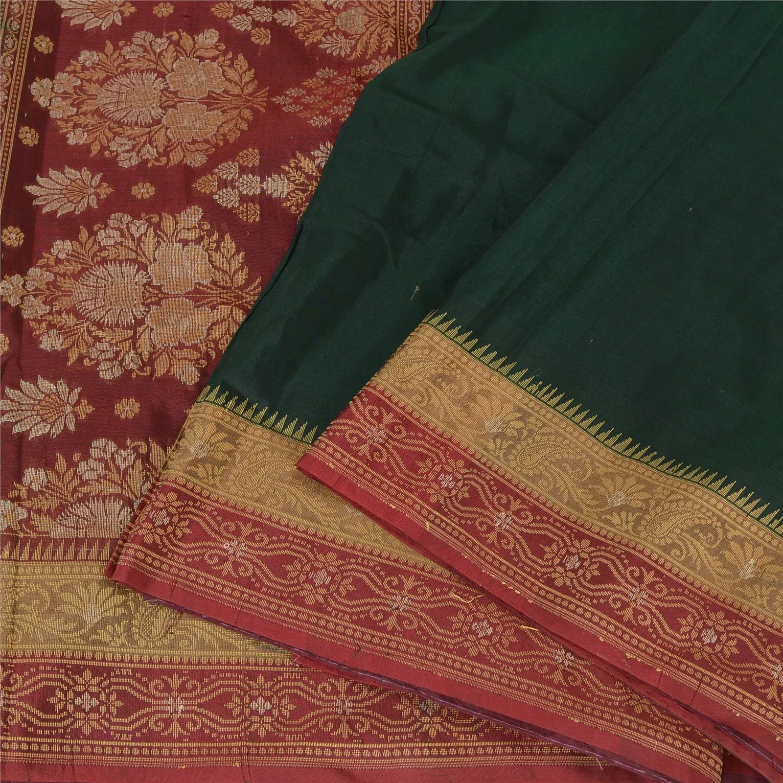 Sanskriti Vintage Deep Green Sarees Pure Silk Woven Premium Sari Craft Fabric