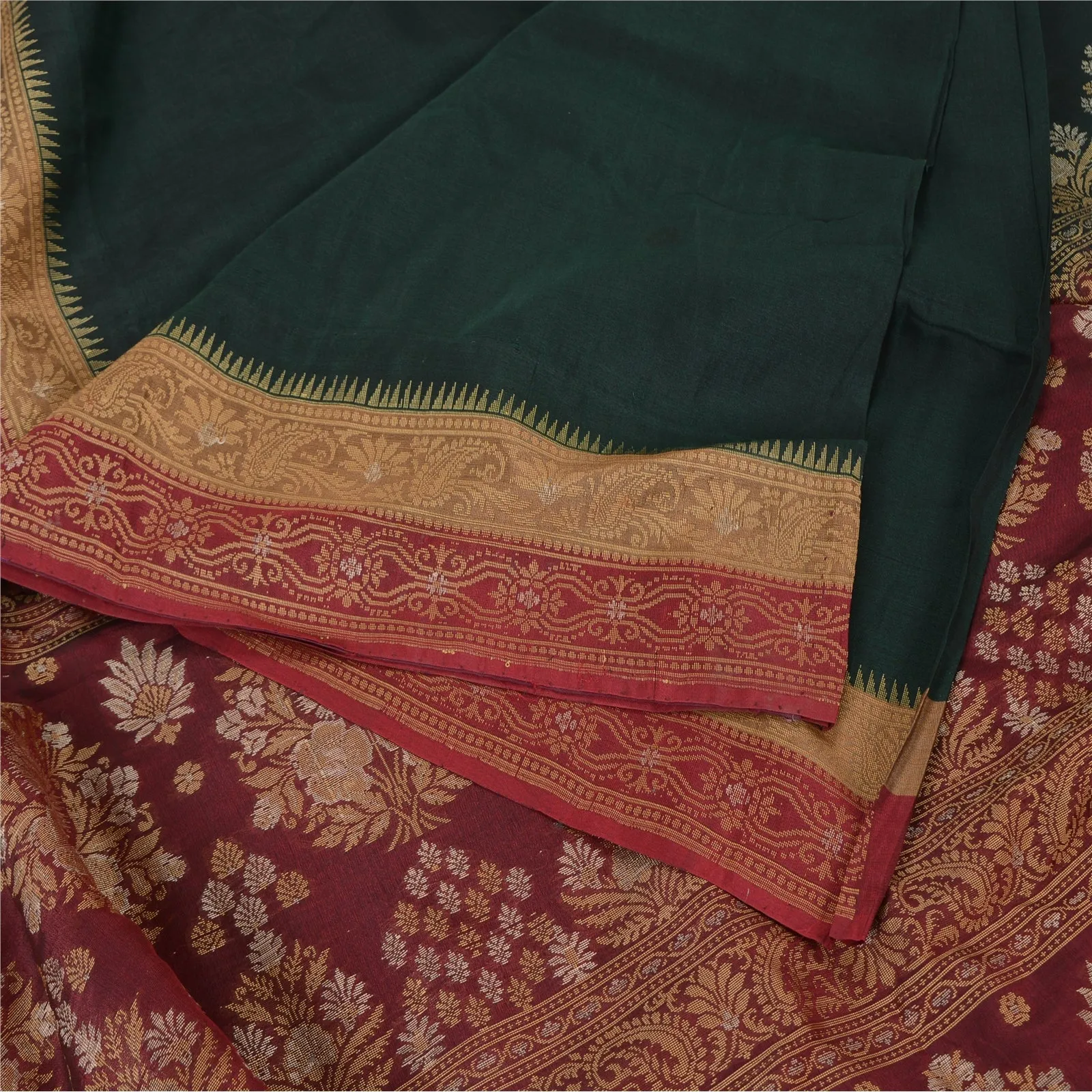 Sanskriti Vintage Deep Green Sarees Pure Silk Woven Premium Sari Craft Fabric