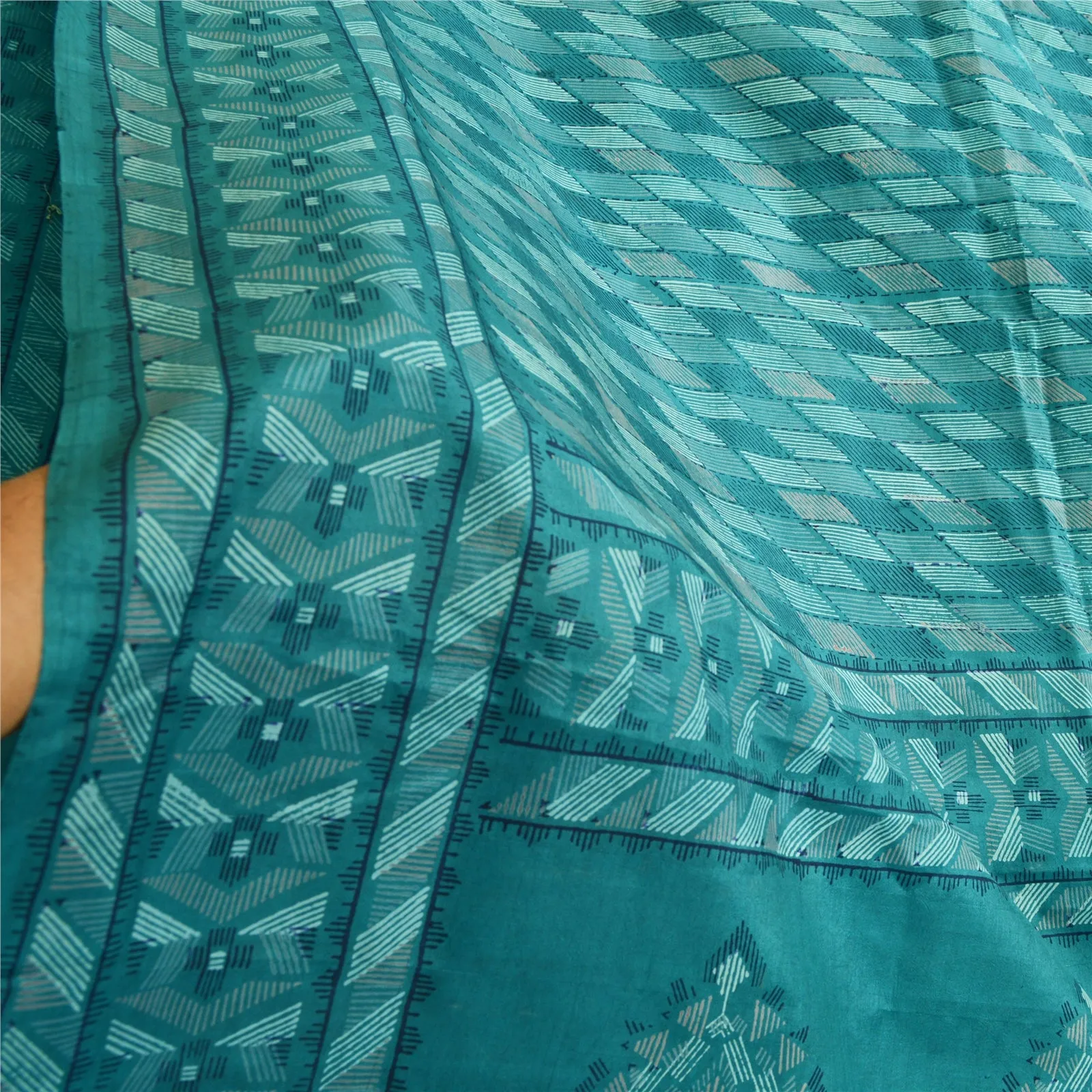 Sanskriti Vintage From Indian Sarees Blue Pure Silk Printed Sari Craft Fabric