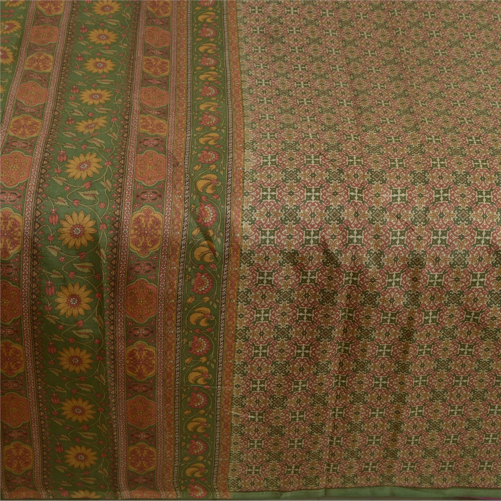 Sanskriti Vintage Green Indian Sarees 100% Pure Silk Printed Sari Craft Fabric