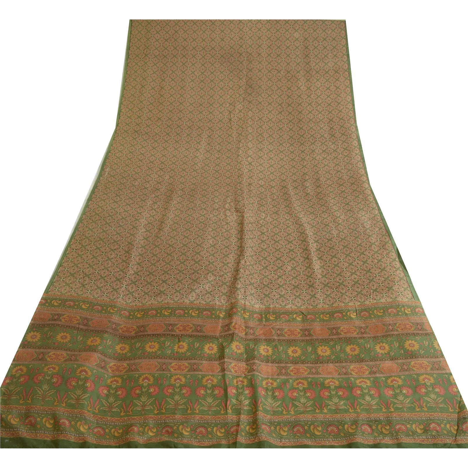 Sanskriti Vintage Green Indian Sarees 100% Pure Silk Printed Sari Craft Fabric