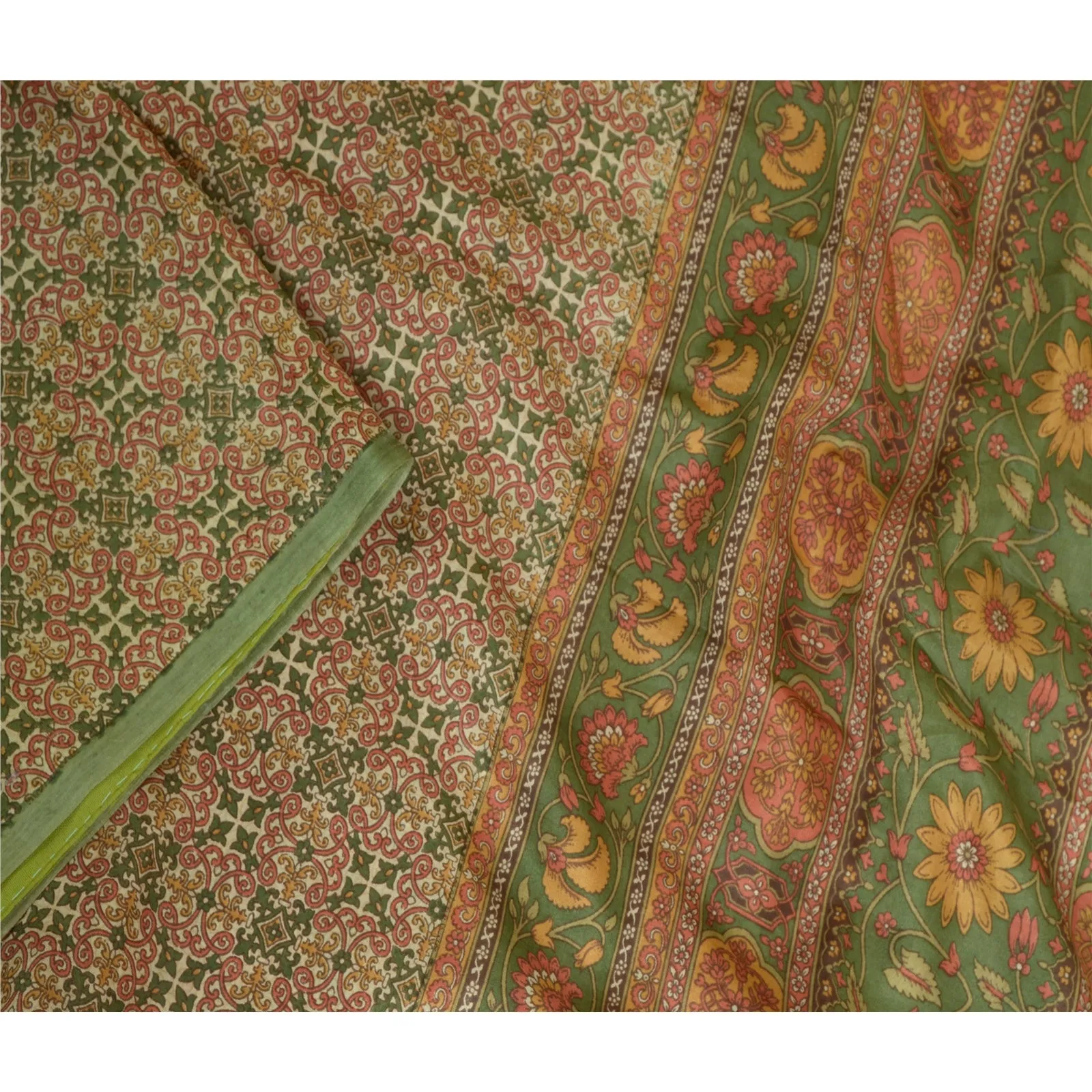 Sanskriti Vintage Green Indian Sarees 100% Pure Silk Printed Sari Craft Fabric