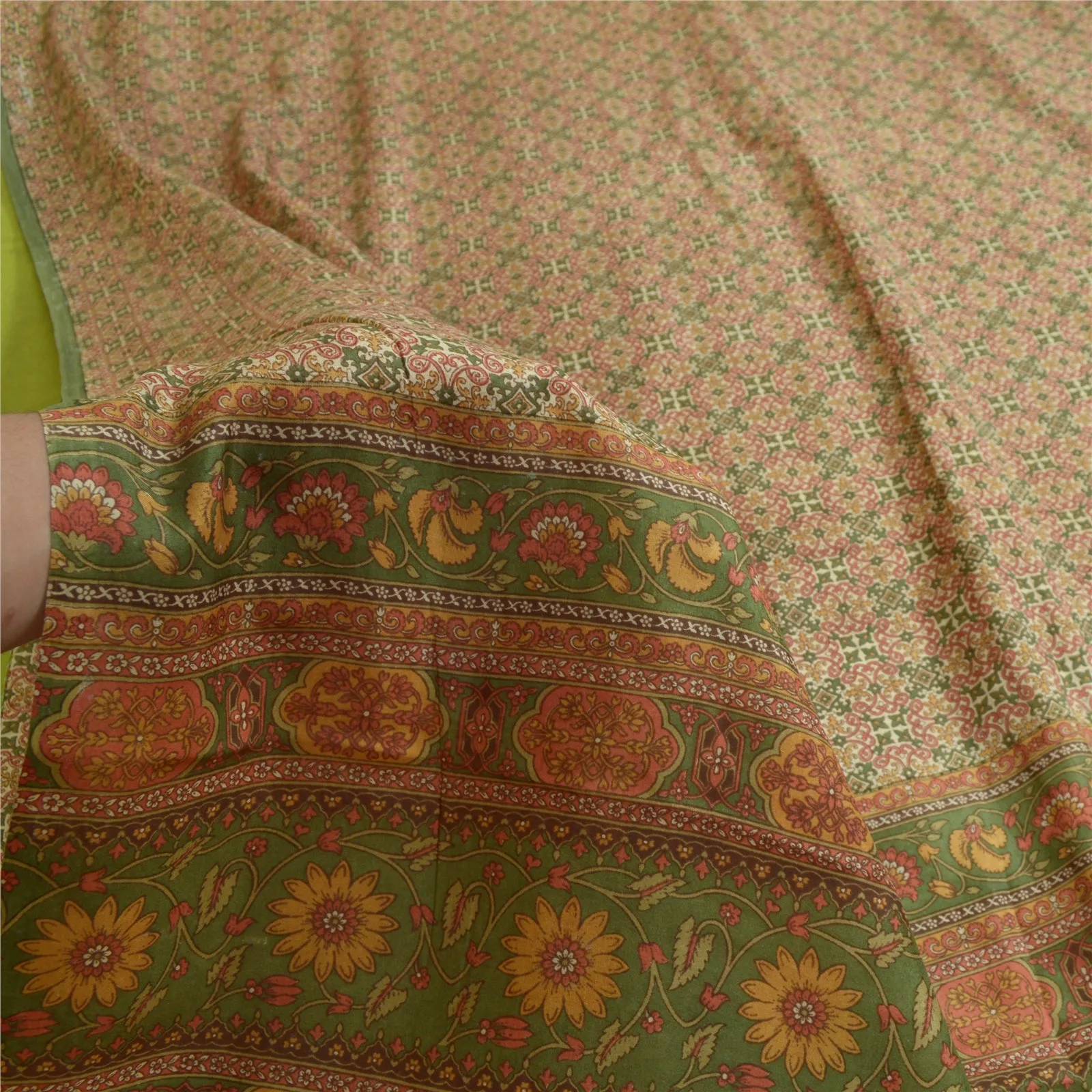 Sanskriti Vintage Green Indian Sarees 100% Pure Silk Printed Sari Craft Fabric