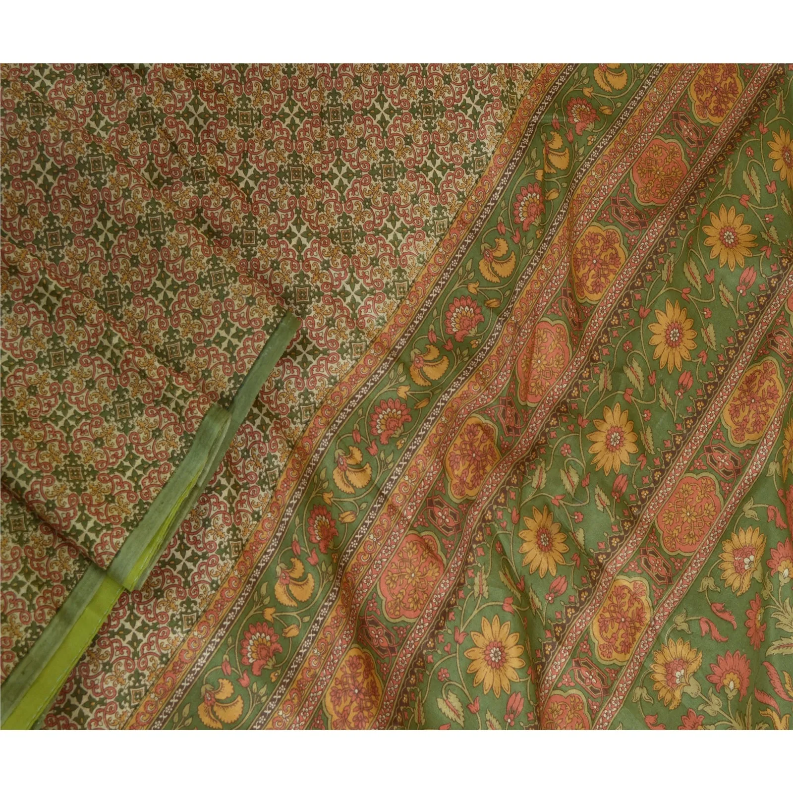 Sanskriti Vintage Green Indian Sarees 100% Pure Silk Printed Sari Craft Fabric