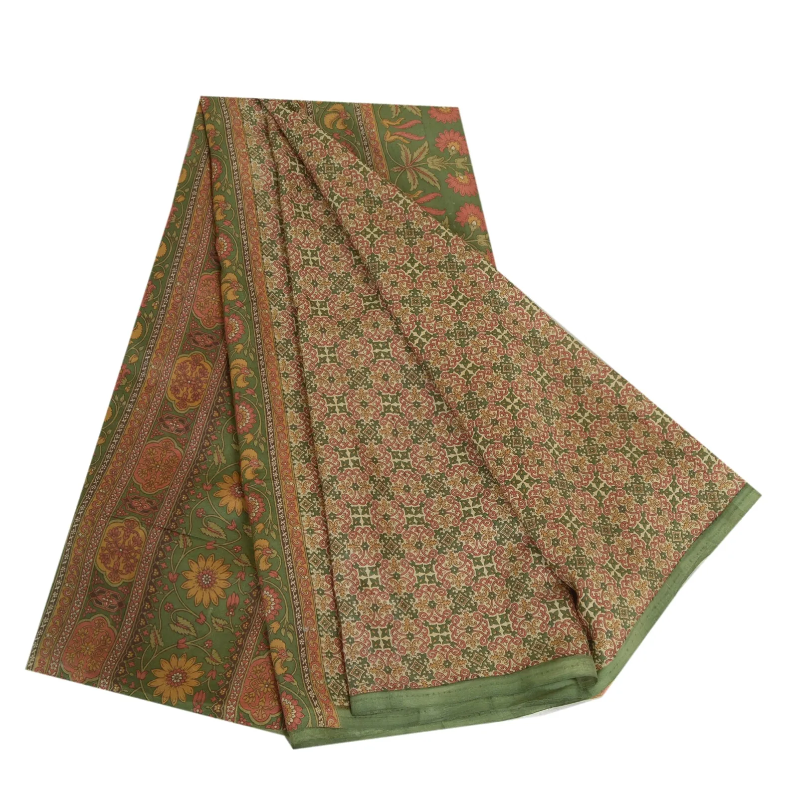 Sanskriti Vintage Green Indian Sarees 100% Pure Silk Printed Sari Craft Fabric