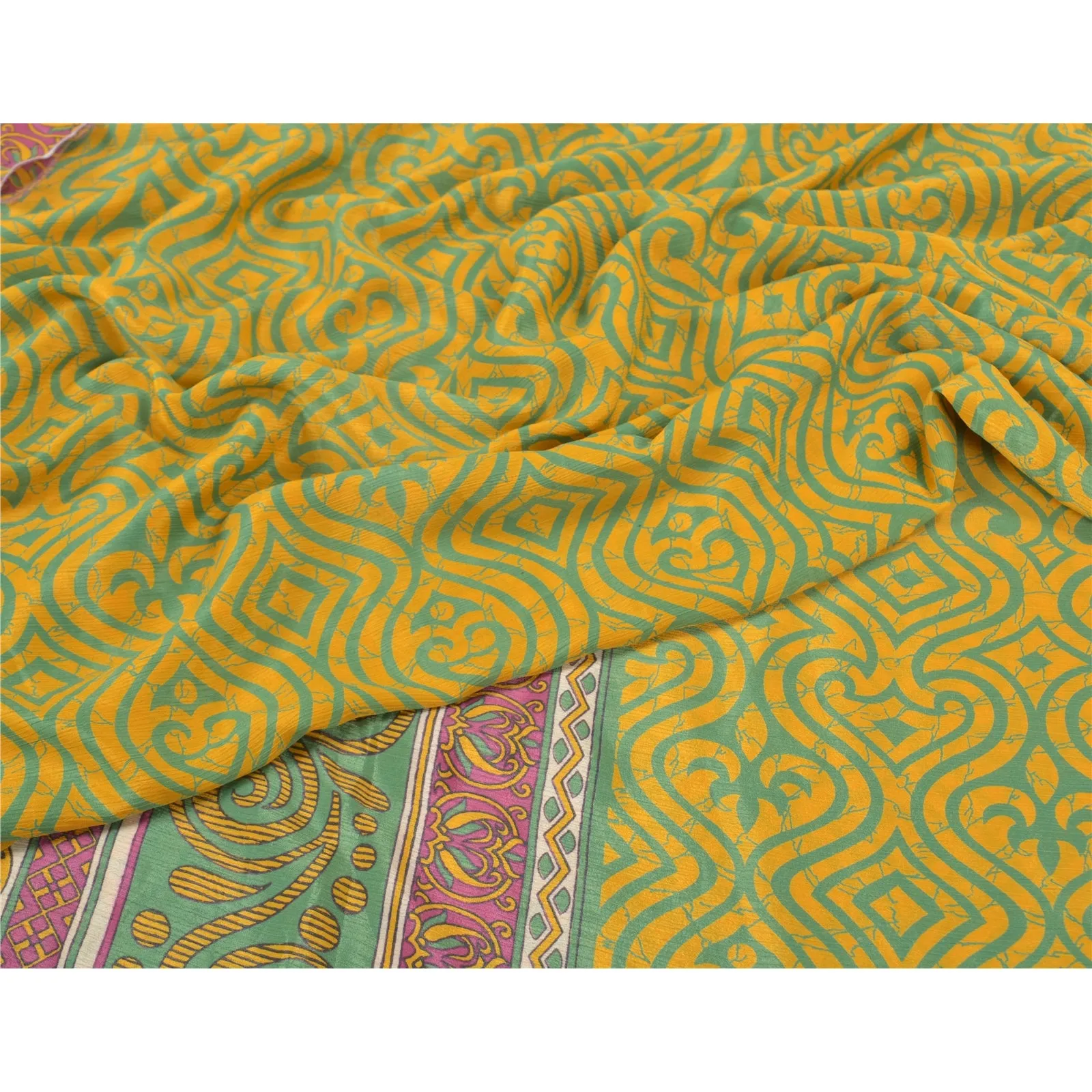 Sanskriti Vintage Green Sarees Moss Crepe Floral Printed Sari 5yd Craft Fabric