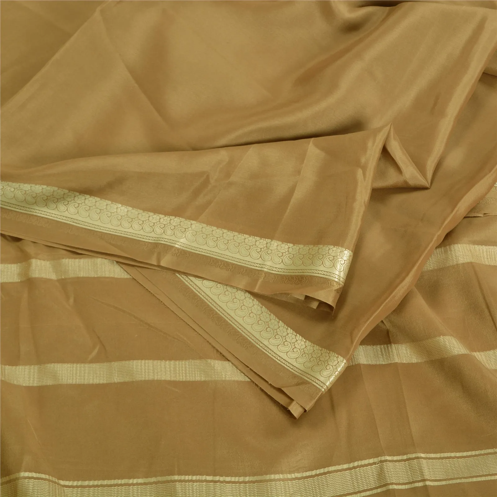 Sanskriti Vintage Khaki Indian Sarees 100% Pure Silk Woven Sari 5 YD Fabric