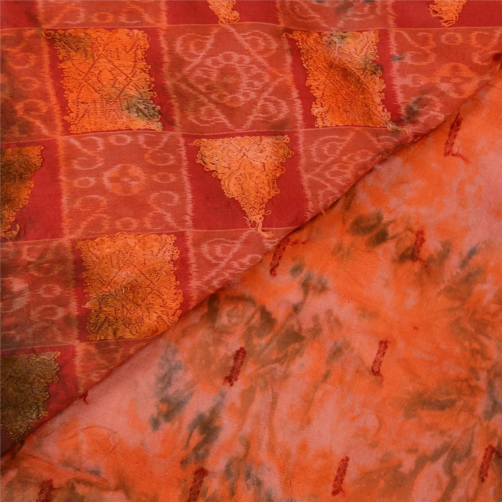 Sanskriti Vintage Orange Sarees Pure Silk Woven Ikat & Tie-Dye Sari 5 YD Fabric