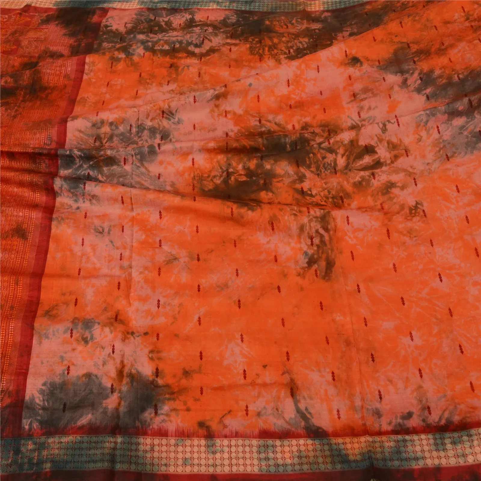 Sanskriti Vintage Orange Sarees Pure Silk Woven Ikat & Tie-Dye Sari 5 YD Fabric