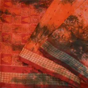 Sanskriti Vintage Orange Sarees Pure Silk Woven Ikat & Tie-Dye Sari 5 YD Fabric