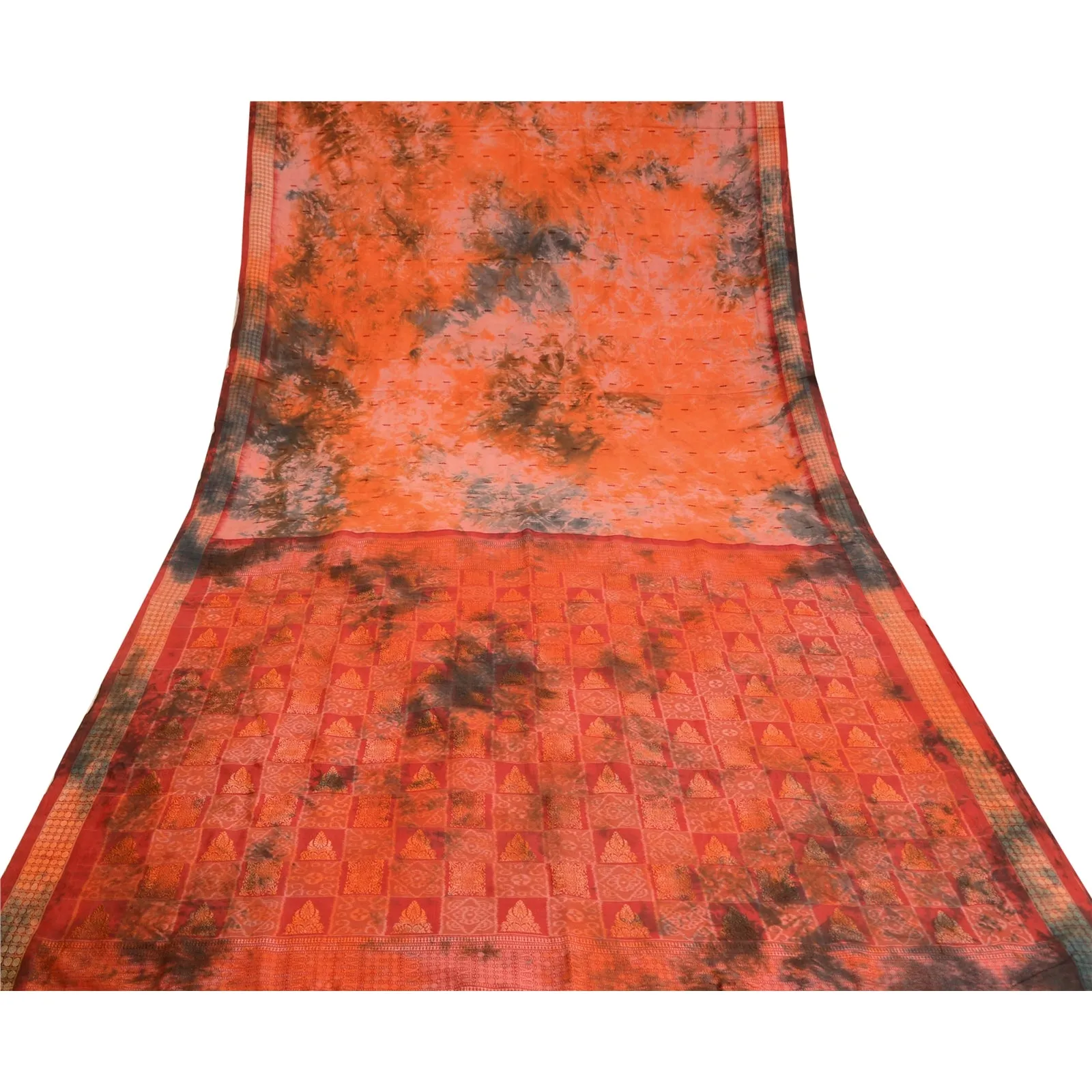 Sanskriti Vintage Orange Sarees Pure Silk Woven Ikat & Tie-Dye Sari 5 YD Fabric