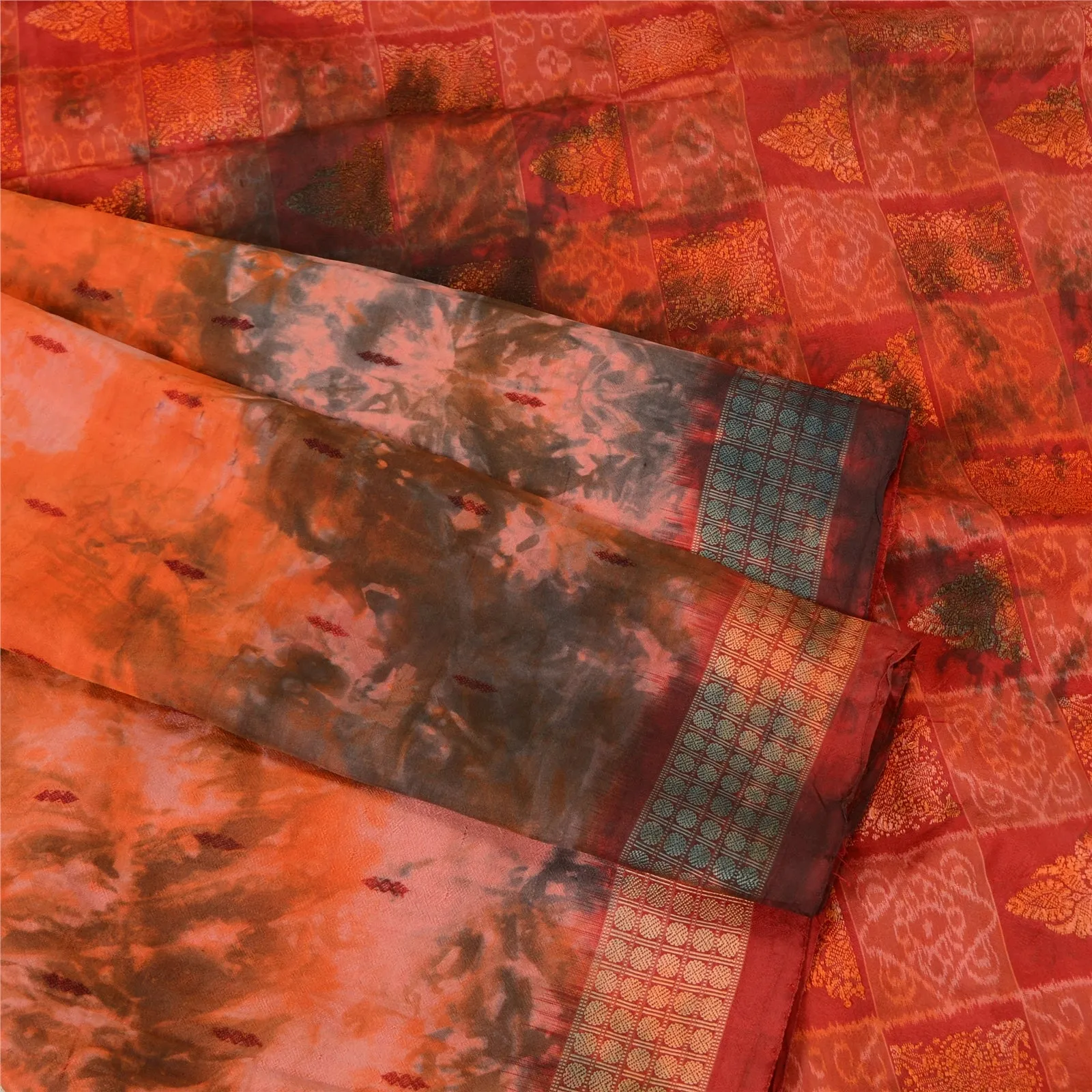 Sanskriti Vintage Orange Sarees Pure Silk Woven Ikat & Tie-Dye Sari 5 YD Fabric