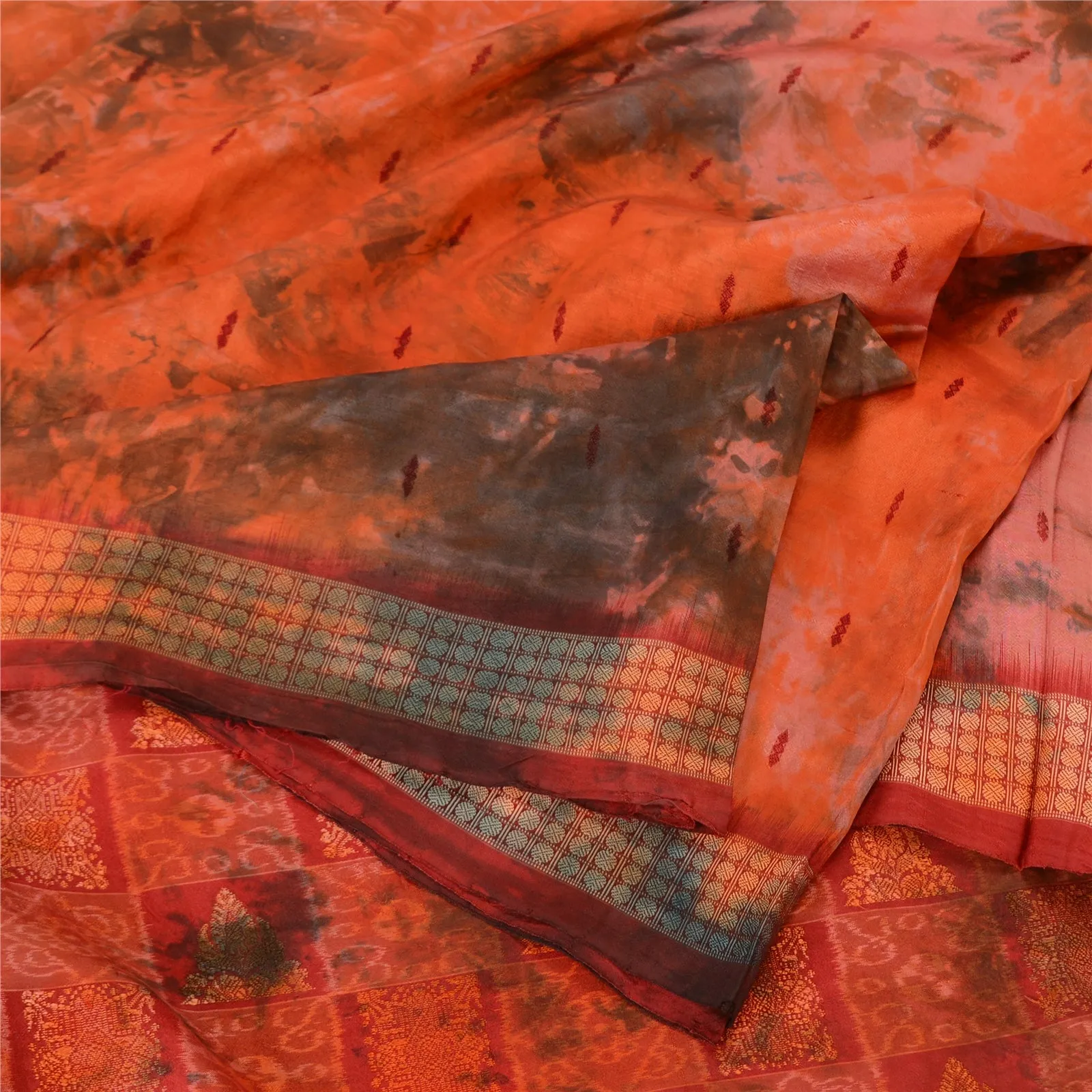 Sanskriti Vintage Orange Sarees Pure Silk Woven Ikat & Tie-Dye Sari 5 YD Fabric