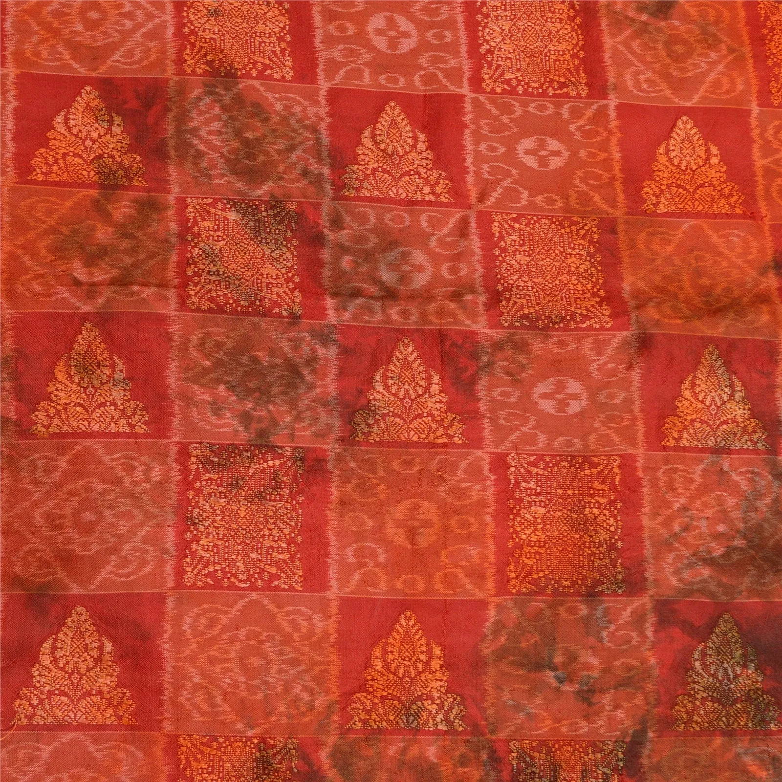 Sanskriti Vintage Orange Sarees Pure Silk Woven Ikat & Tie-Dye Sari 5 YD Fabric