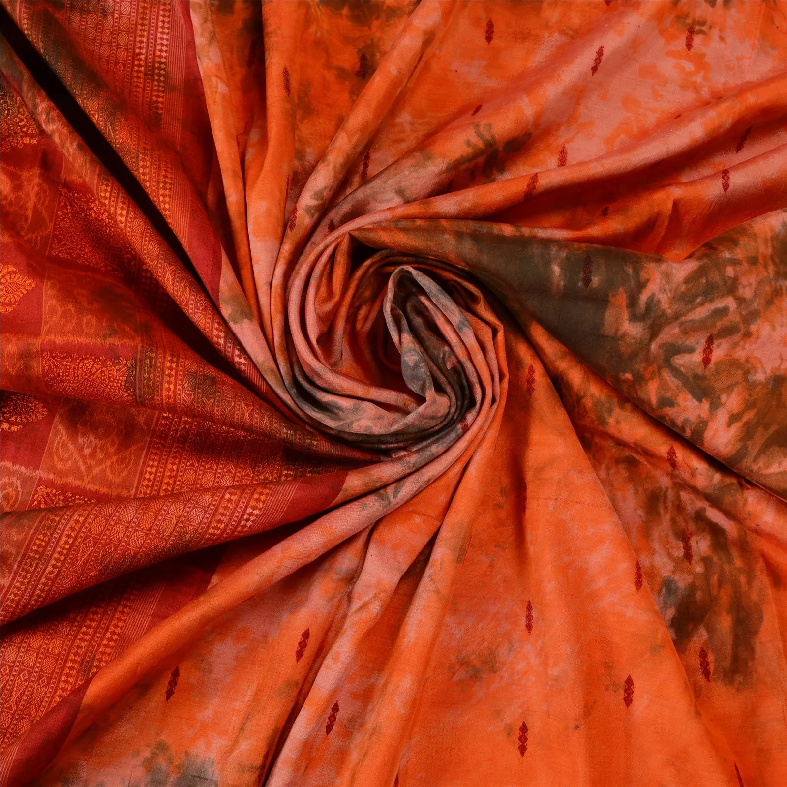 Sanskriti Vintage Orange Sarees Pure Silk Woven Ikat & Tie-Dye Sari 5 YD Fabric