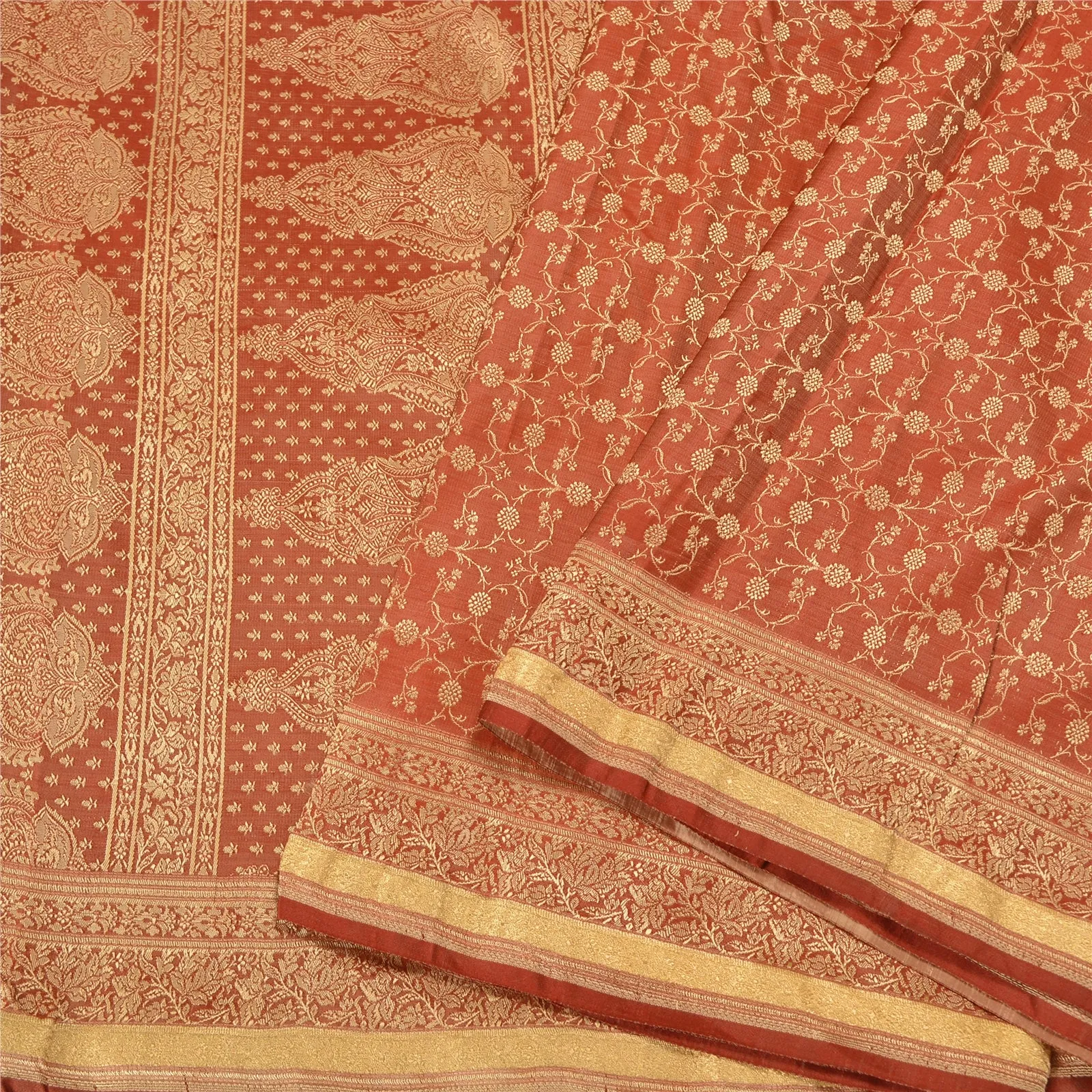 Sanskriti Vintage Rusty Orange Indian Sarees Pure Satin Silk Woven Sari Fabric