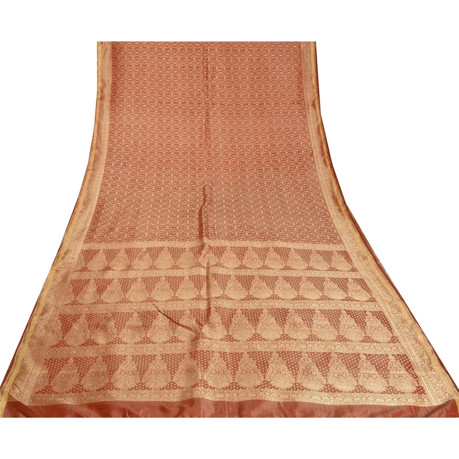 Sanskriti Vintage Rusty Orange Indian Sarees Pure Satin Silk Woven Sari Fabric