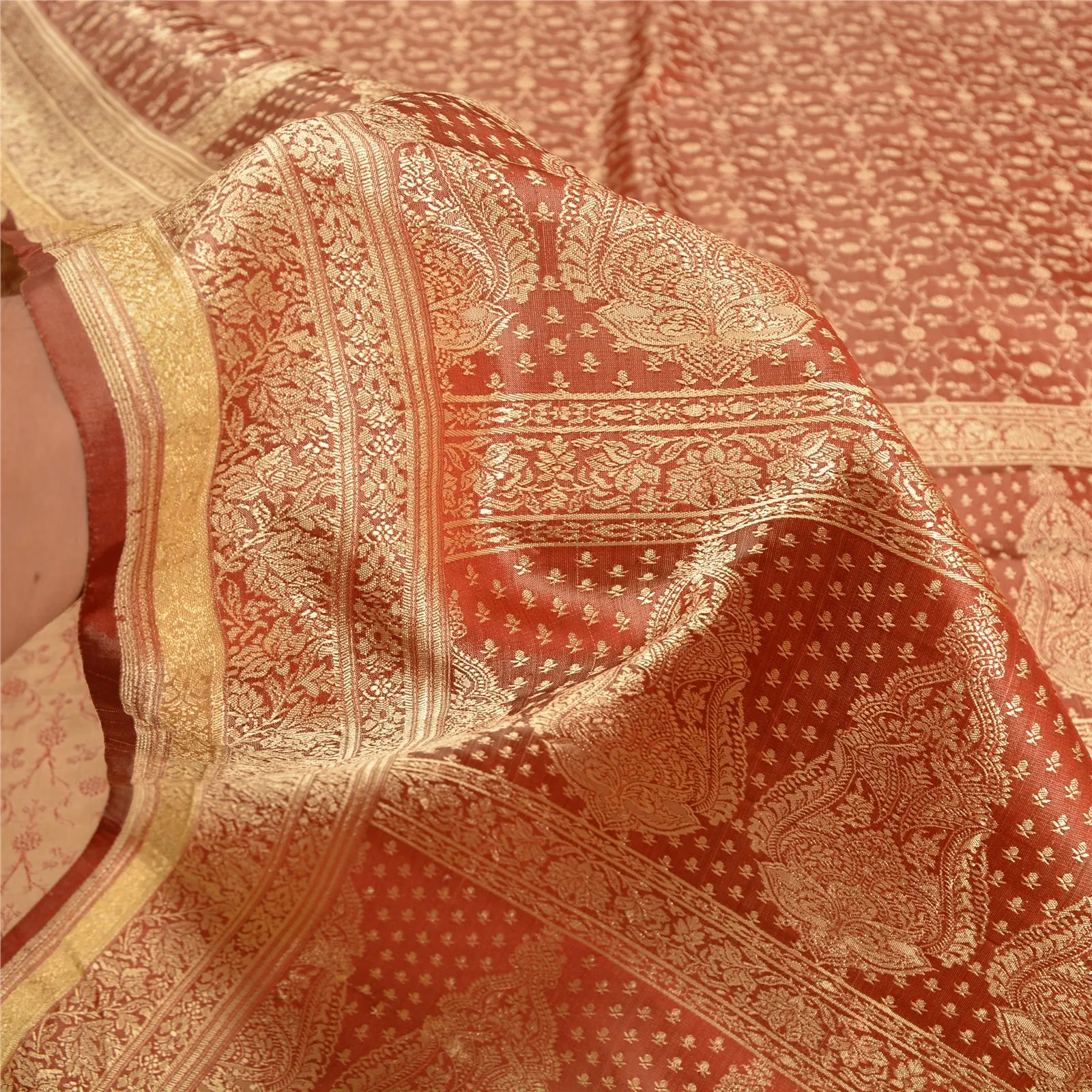 Sanskriti Vintage Rusty Orange Indian Sarees Pure Satin Silk Woven Sari Fabric